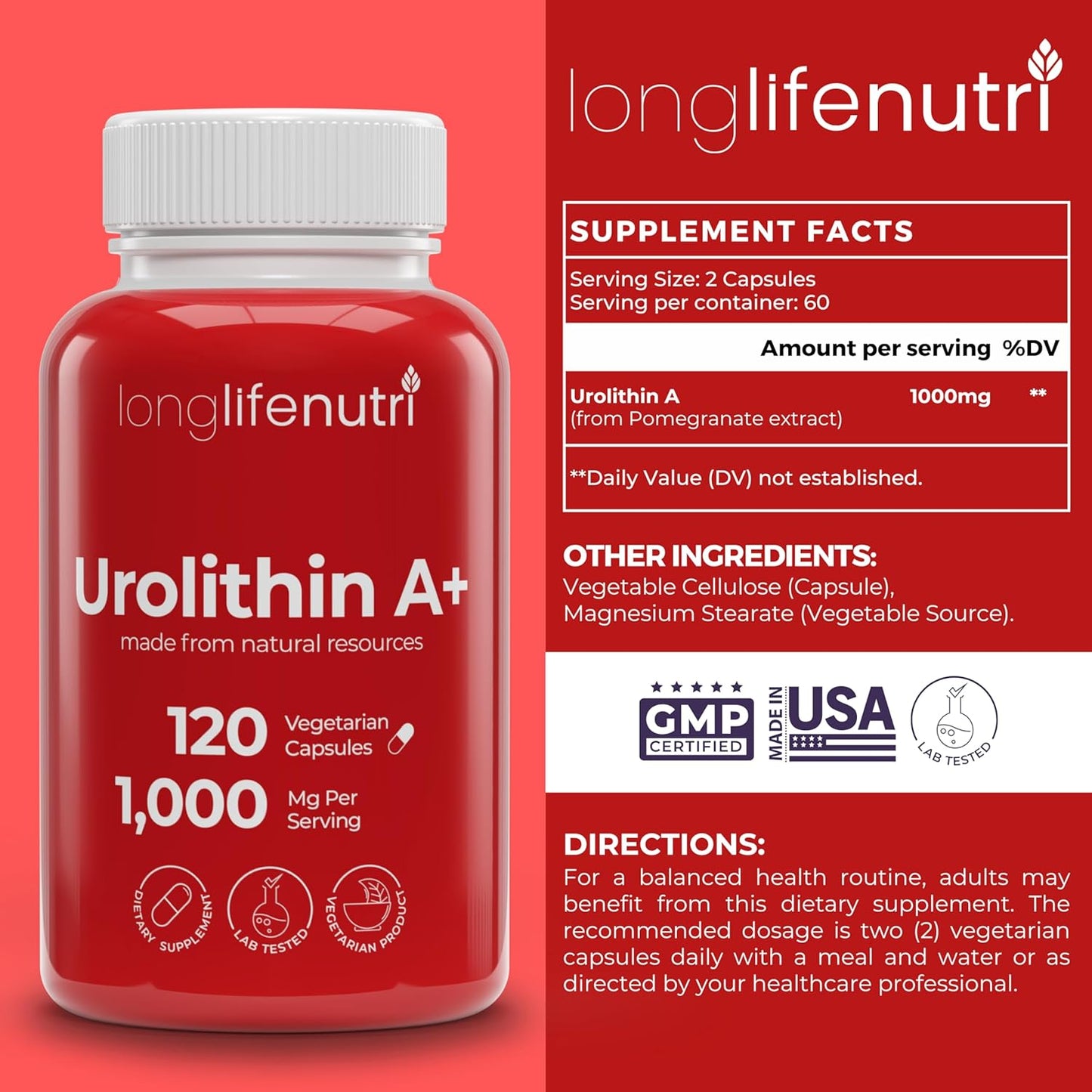 LongLifeNutri Urolithin A+ 1000mg Supplement - Advanced Formula for Healthy Aging, 120 Vegetarian Capsules - Pomegranate Extract, Organic - Made in USA - Lab Tested, 2-Month Supply - BoostGo Australia