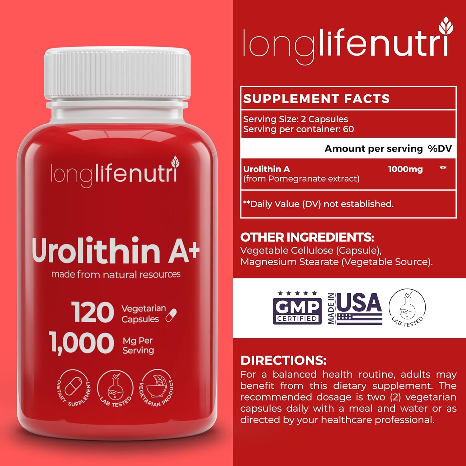 LongLifeNutri Urolithin A+ 1000mg Supplement - Advanced Formula for Healthy Aging, 120 Vegetarian Capsules - Pomegranate Extract, Organic - Made in USA - Lab Tested, 2-Month Supply - BoostGo Australia