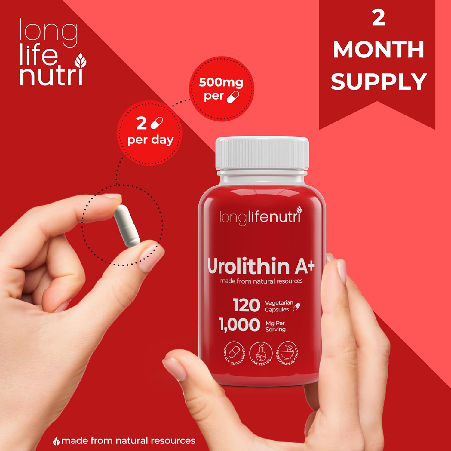 LongLifeNutri Urolithin A+ 1000mg Supplement - Advanced Formula for Healthy Aging, 120 Vegetarian Capsules - Pomegranate Extract, Organic - Made in USA - Lab Tested, 2-Month Supply - BoostGo Australia