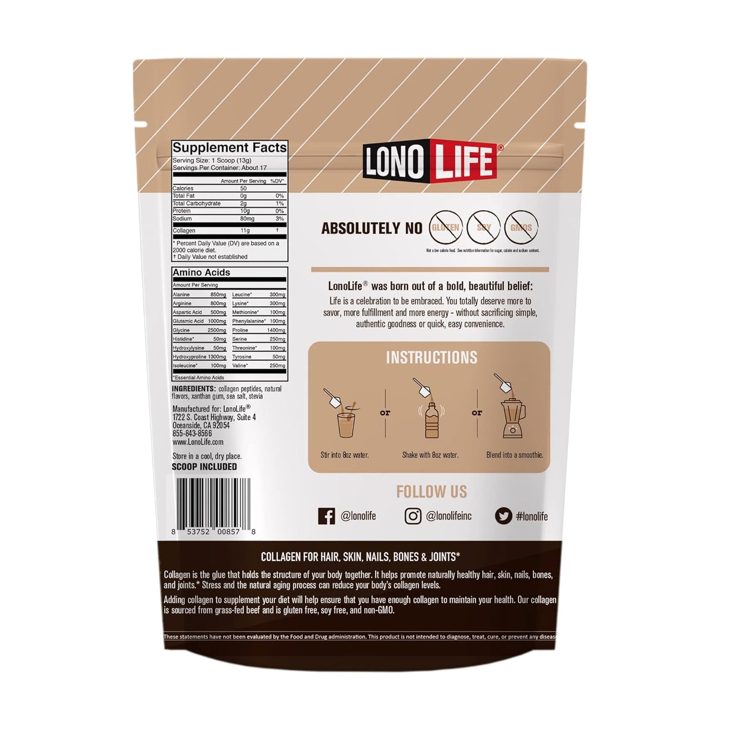 LonoLife Mocha Collagen Peptides: 10g Protein, Paleo & Keto Friendly, 8oz Bulk Container