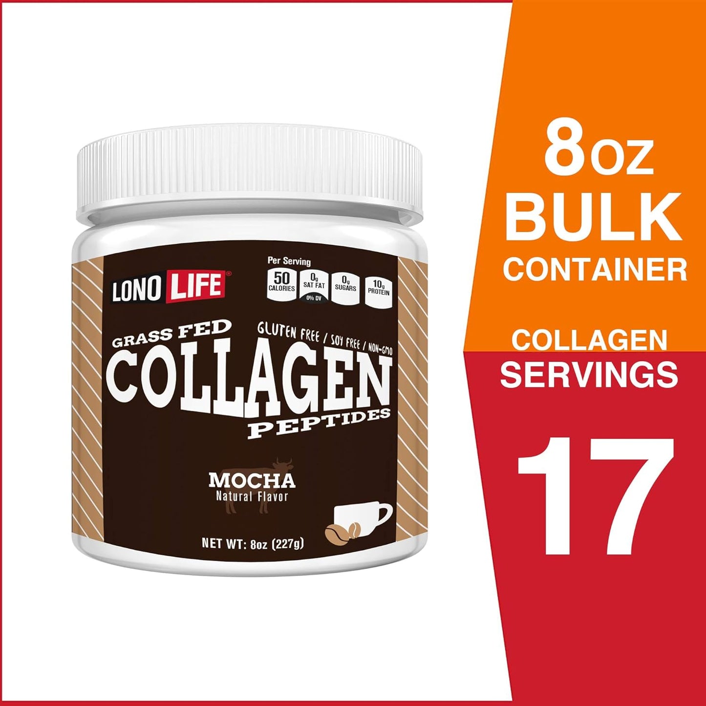 LonoLife Mocha Collagen Peptides: 10g Protein, Paleo & Keto Friendly, 8oz Bulk Container
