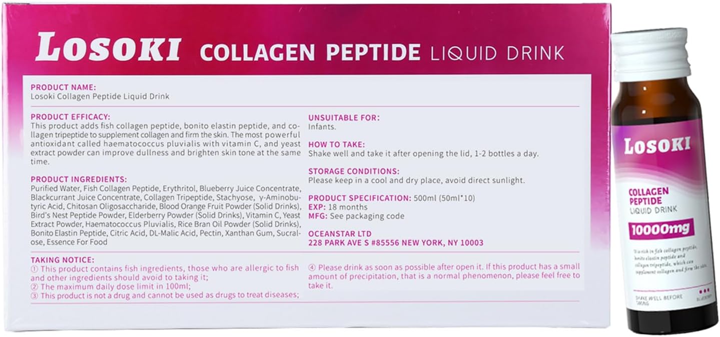 Losoki Liquid Collagen Peptide Drink - 10000mg Marine Collagen Peptides & Vitamin C - Promotes Healthy Hair, Skin, Nails, Joints, & Bones - 1 Box, 10 Bottles