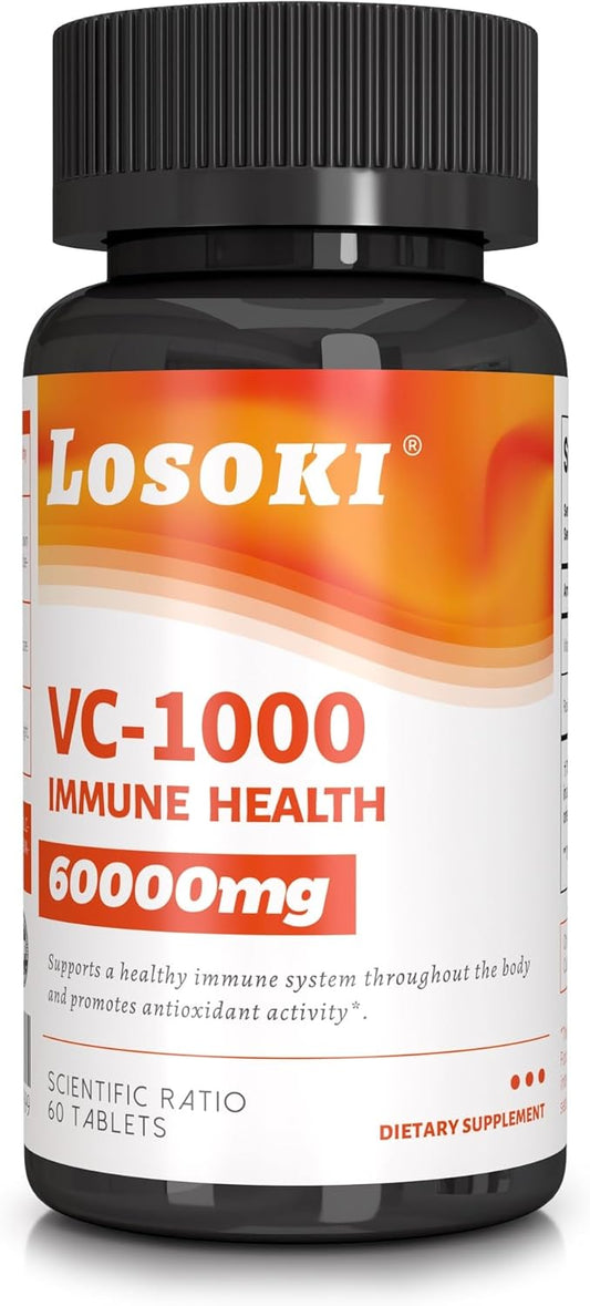 Losoki VC 1000 - High-Potency Vitamin C Tablets with Rose HIPS Powder - Immune Support & Antioxidant Formula - 60 Count