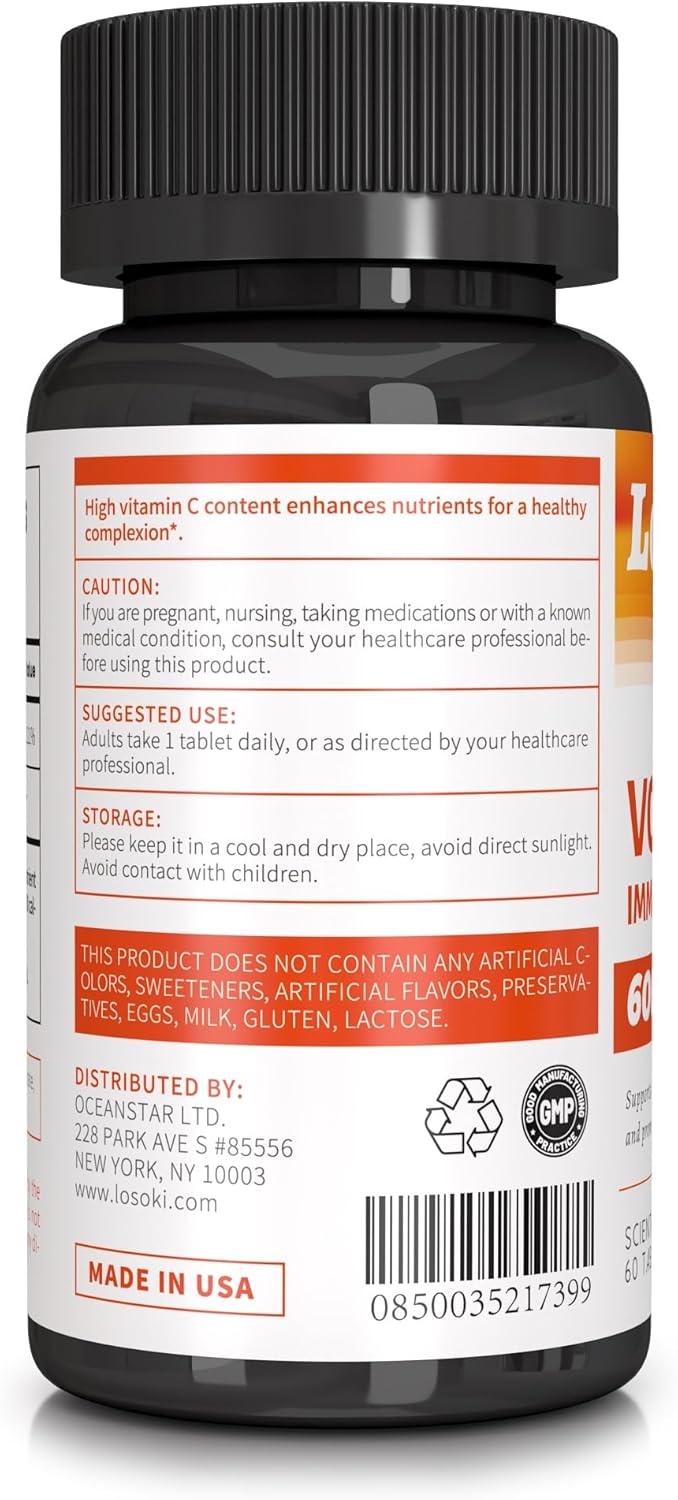 Losoki VC 1000 - High-Potency Vitamin C Tablets with Rose HIPS Powder - Immune Support & Antioxidant Formula - 60 Count