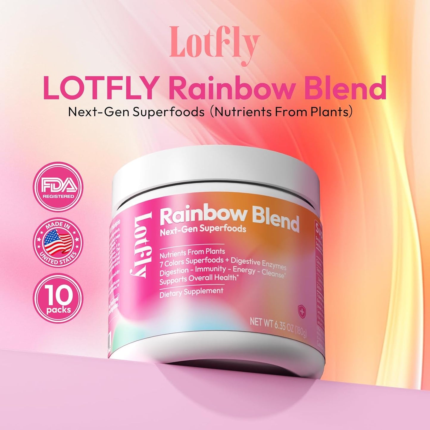 LOTFLY Superfood Rainbow Blend Powder - 7-Color Plant Extracts, 44 Nutrients for Gut Health, Immunity & Antioxidant Support - Digestive Enzymes & Prebiotics - 6.35 Oz