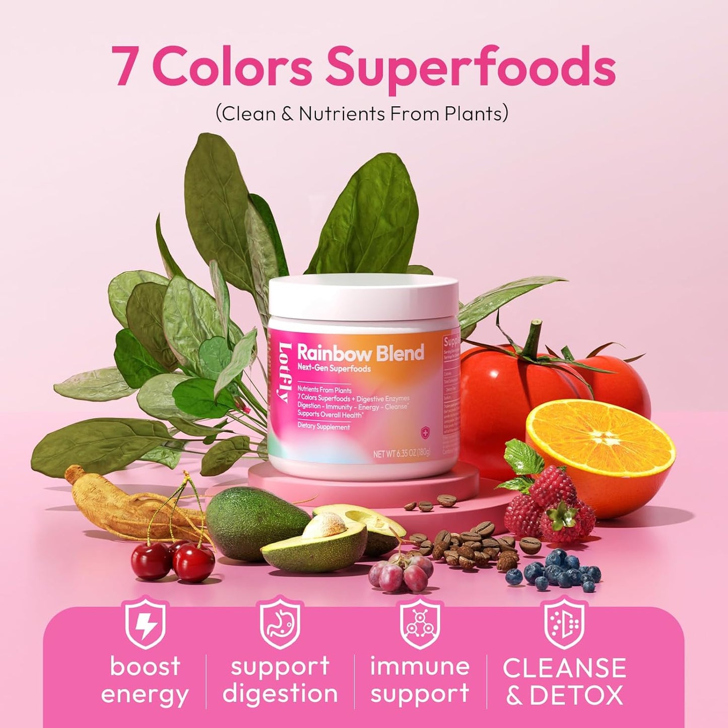 LOTFLY Superfood Rainbow Blend Powder - 7-Color Plant Extracts, 44 Nutrients for Gut Health, Immunity & Antioxidant Support - Digestive Enzymes & Prebiotics - 6.35 Oz