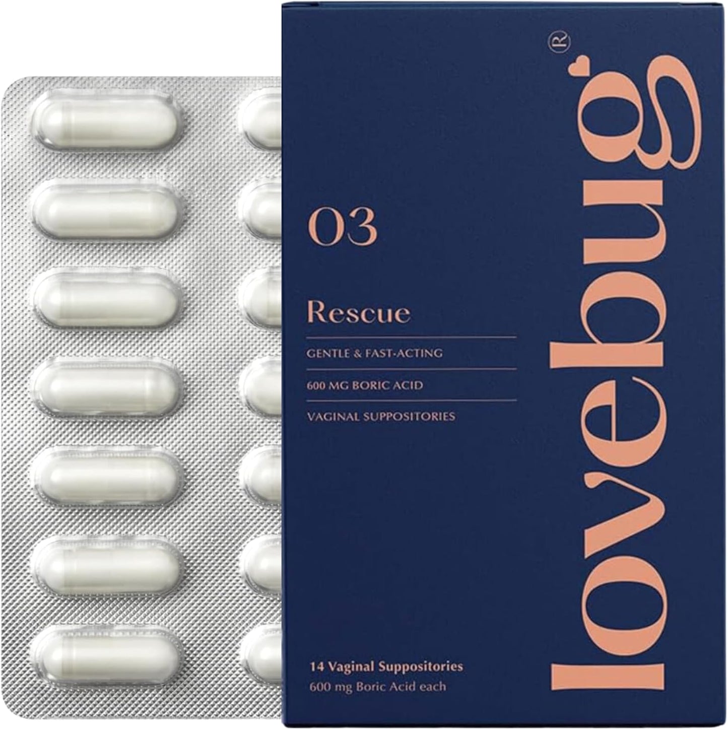LoveBug Women's Health Vaginal Boric Acid Suppositories - Fast Acting for Odor, Discharge, Yeast & pH Balance - Coconut Oil, Hyaluronic Acid, Vitamin E - 14 ct