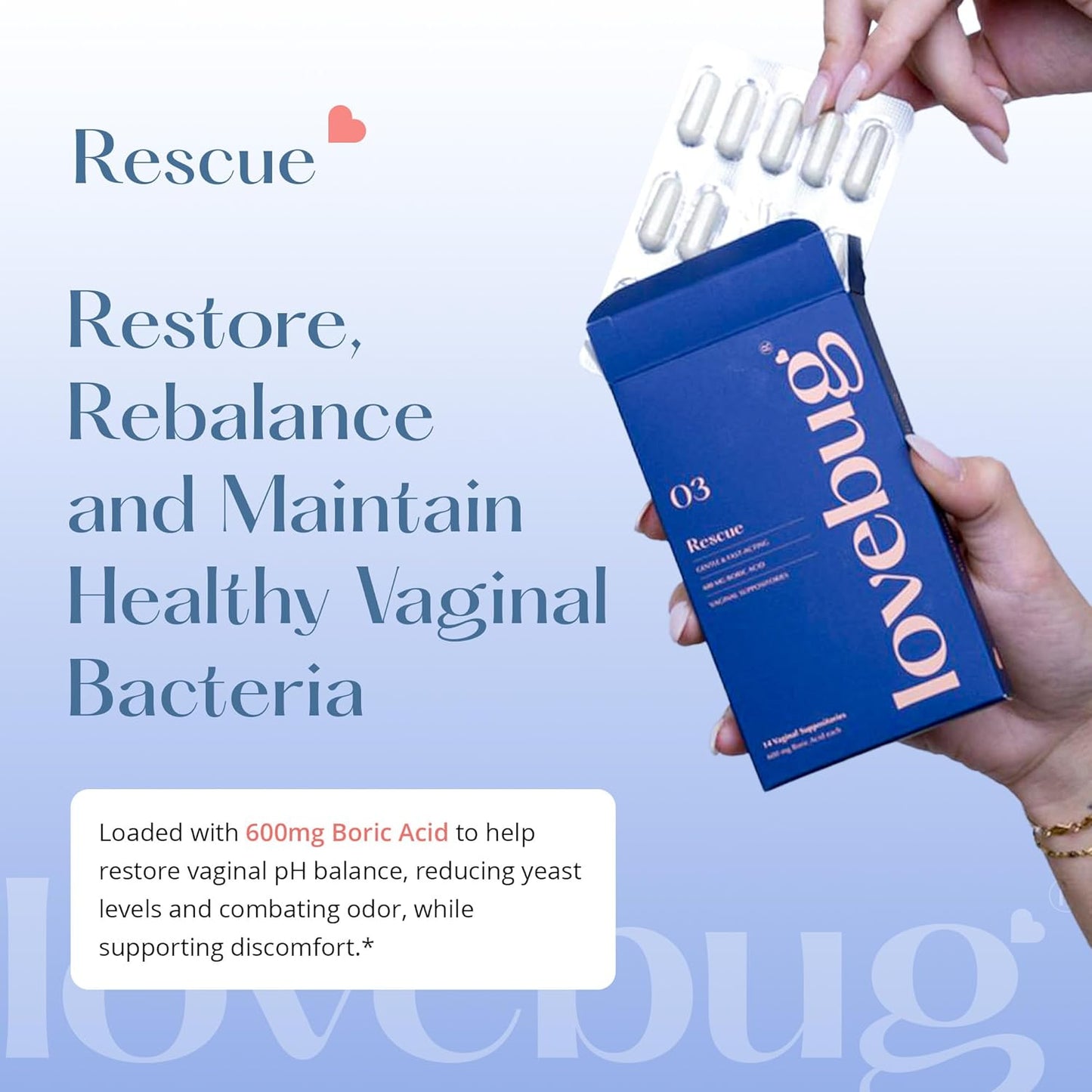 LoveBug Women's Health Vaginal Boric Acid Suppositories - Fast Acting for Odor, Discharge, Yeast & pH Balance - Coconut Oil, Hyaluronic Acid, Vitamin E - 14 ct