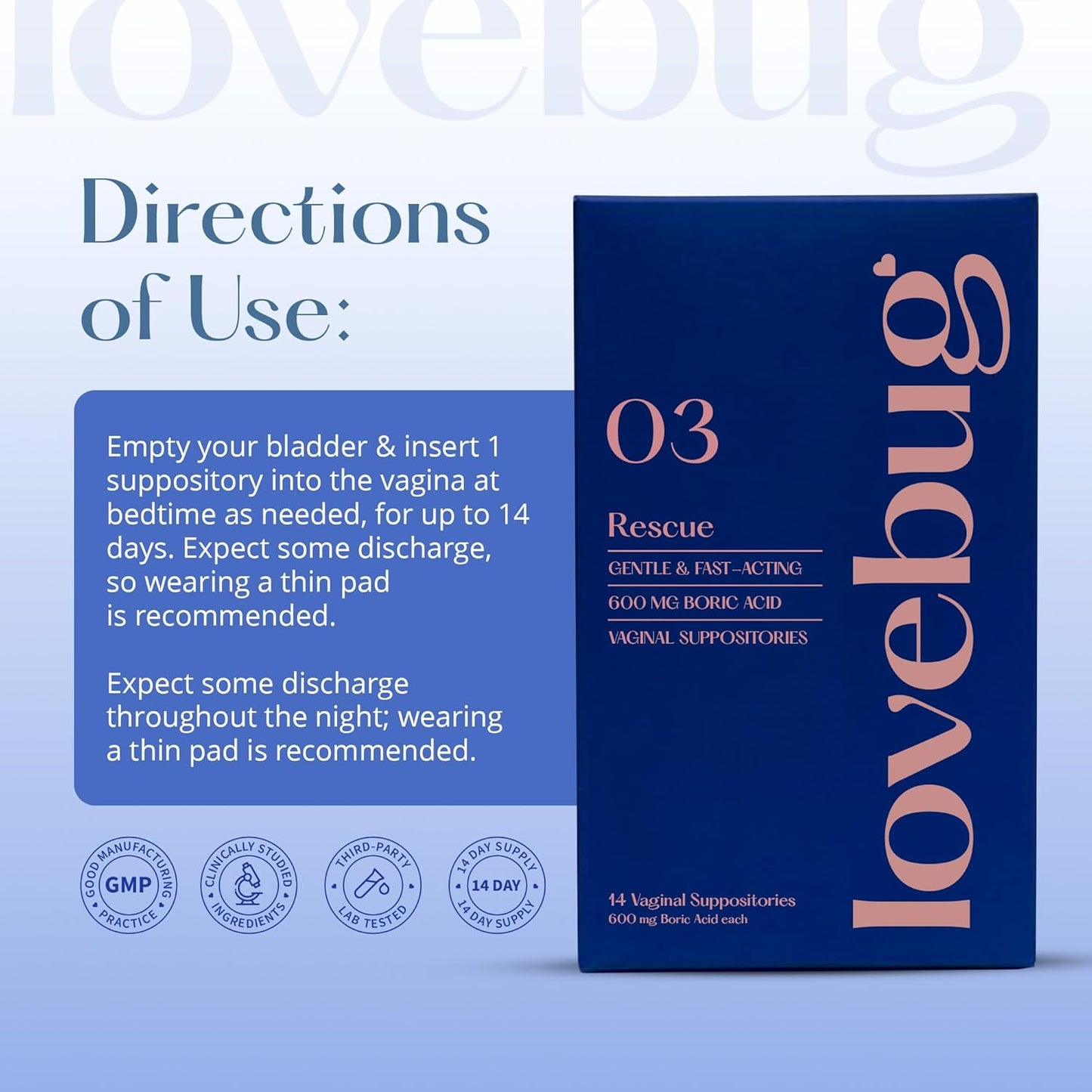 LoveBug Women's Health Vaginal Boric Acid Suppositories - Fast Acting for Odor, Discharge, Yeast & pH Balance - Coconut Oil, Hyaluronic Acid, Vitamin E - 14 ct