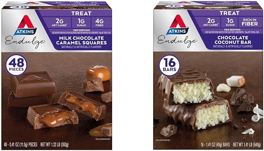Low Sugar Dessert Favorites: Atkins Endulge Milk Chocolate Caramel Squares (48 Count) & Chocolate Coconut Bars (16 Count)