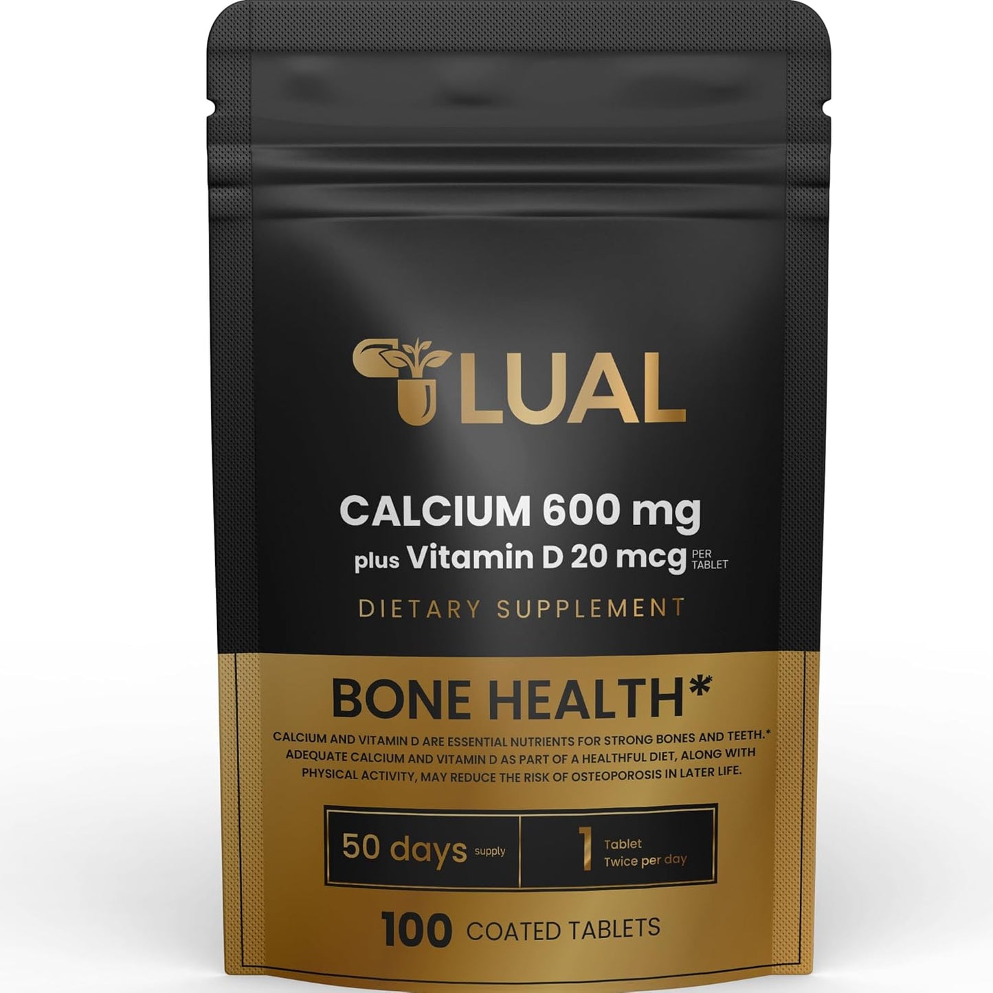 LUAL Calcium Tablets 600mg - Bone Health Dietary Supplement (100 Count)
