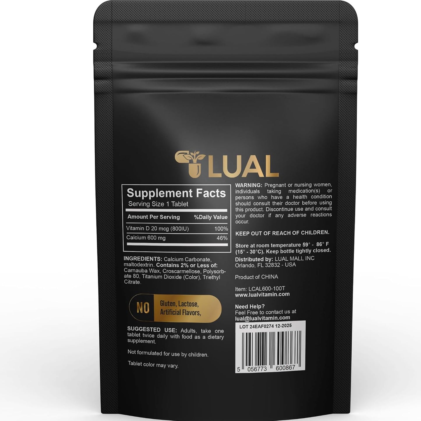 LUAL Calcium Tablets 600mg - Bone Health Dietary Supplement (100 Count)