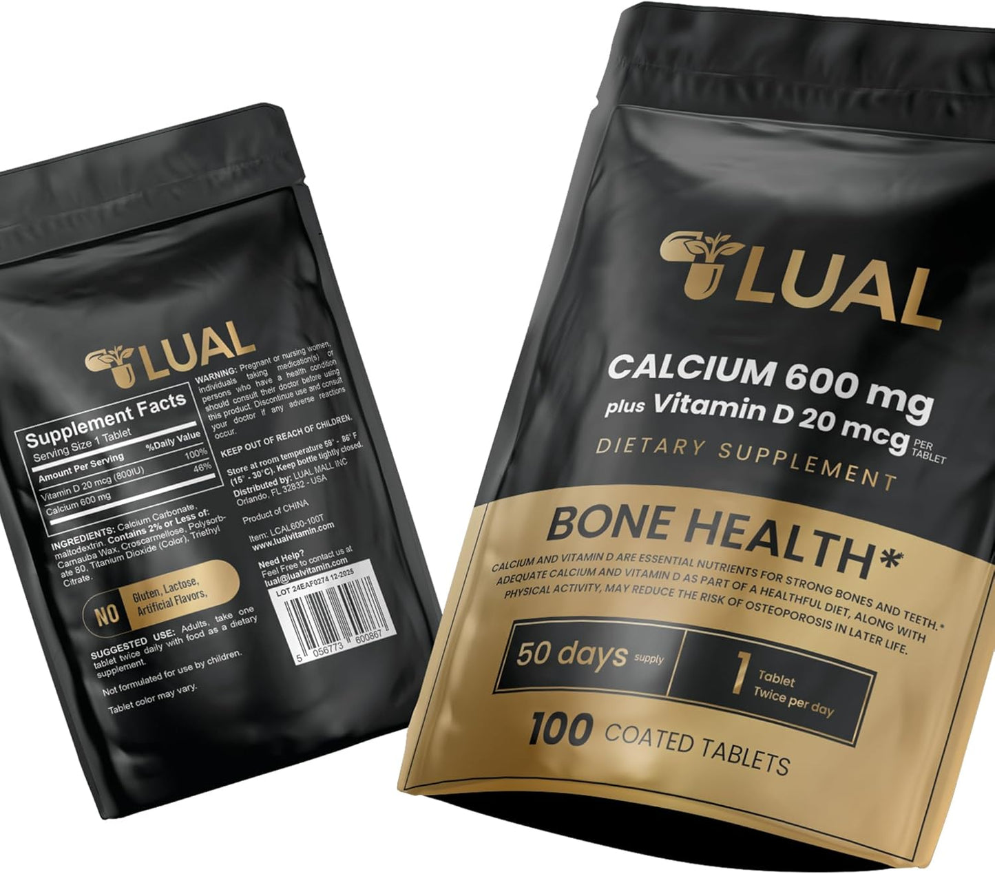 LUAL Calcium Tablets 600mg - Bone Health Dietary Supplement (100 Count)