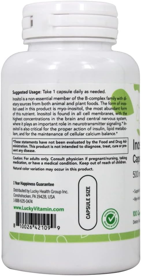 LuckyVitamin Inositol 500mg Capsules for Cellular Health - 100 Count