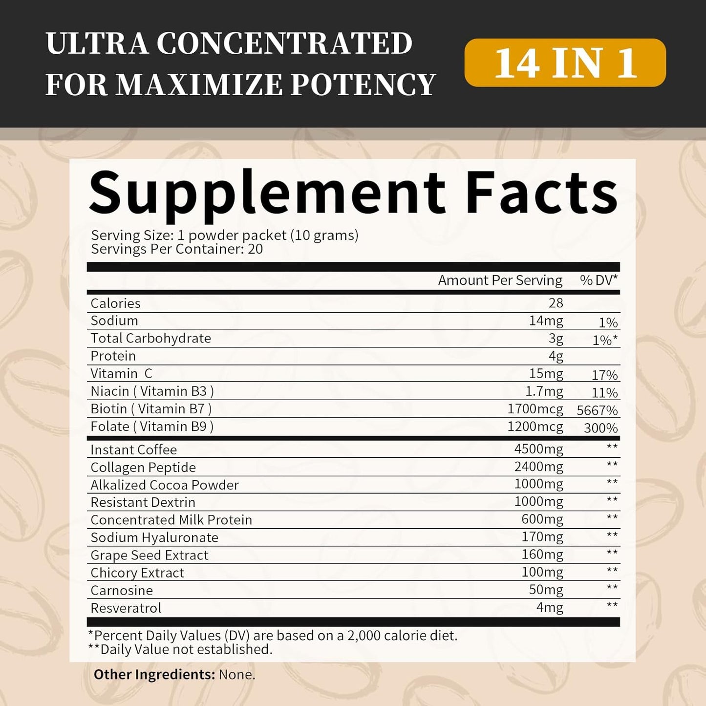 Lukaree Instant Collagen Coffee with Vitamin C, B7, B9, Resveratrol, Carnosine - Collagen Peptide Powder for Hair, Skin, Nails, and Bones