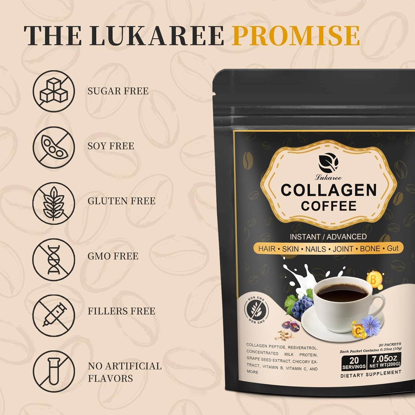 Lukaree Instant Collagen Coffee with Vitamin C, B7, B9, Resveratrol, Carnosine - Collagen Peptide Powder for Hair, Skin, Nails, and Bones