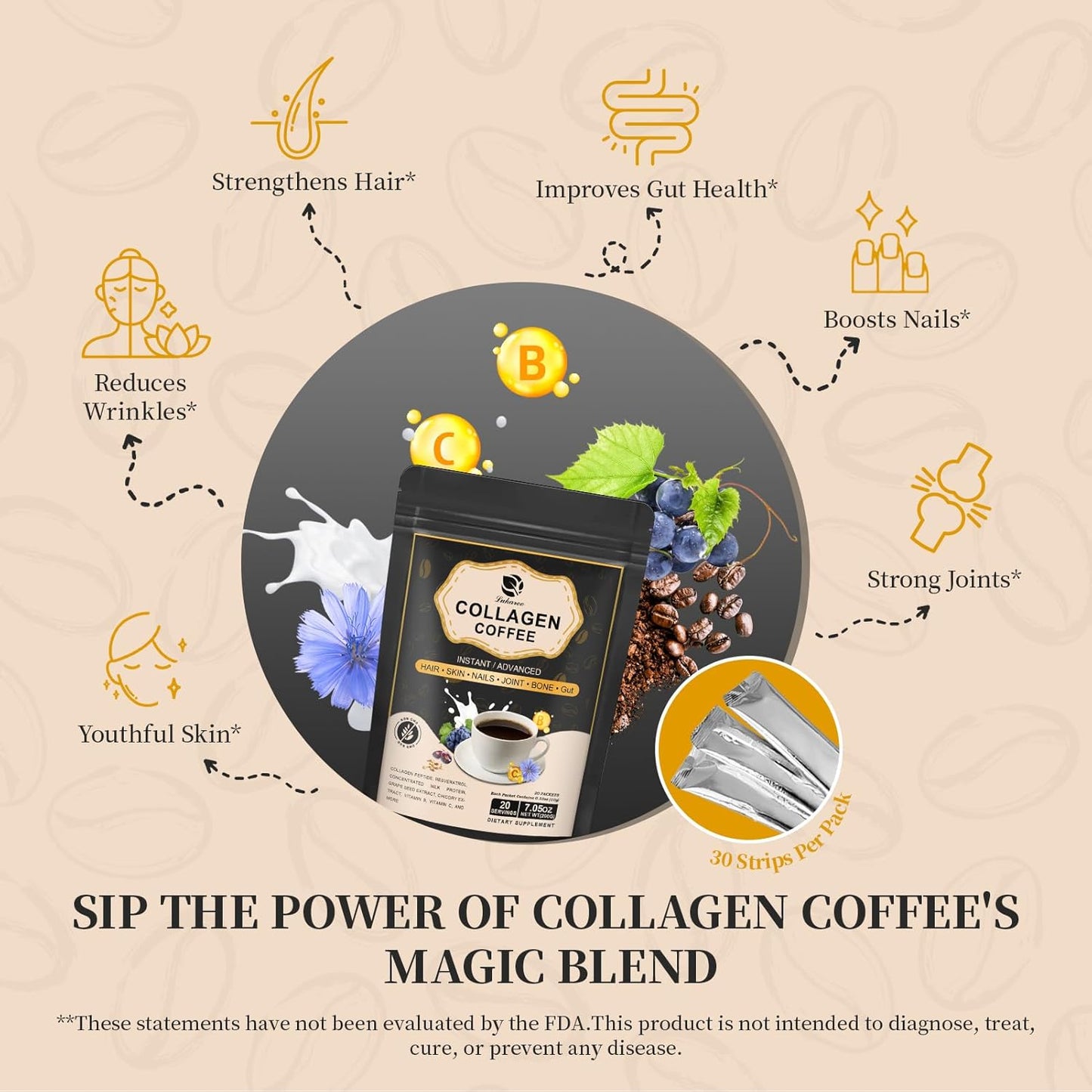Lukaree Instant Collagen Coffee with Vitamin C, B7, B9, Resveratrol, Carnosine - Collagen Peptide Powder for Hair, Skin, Nails, and Bones