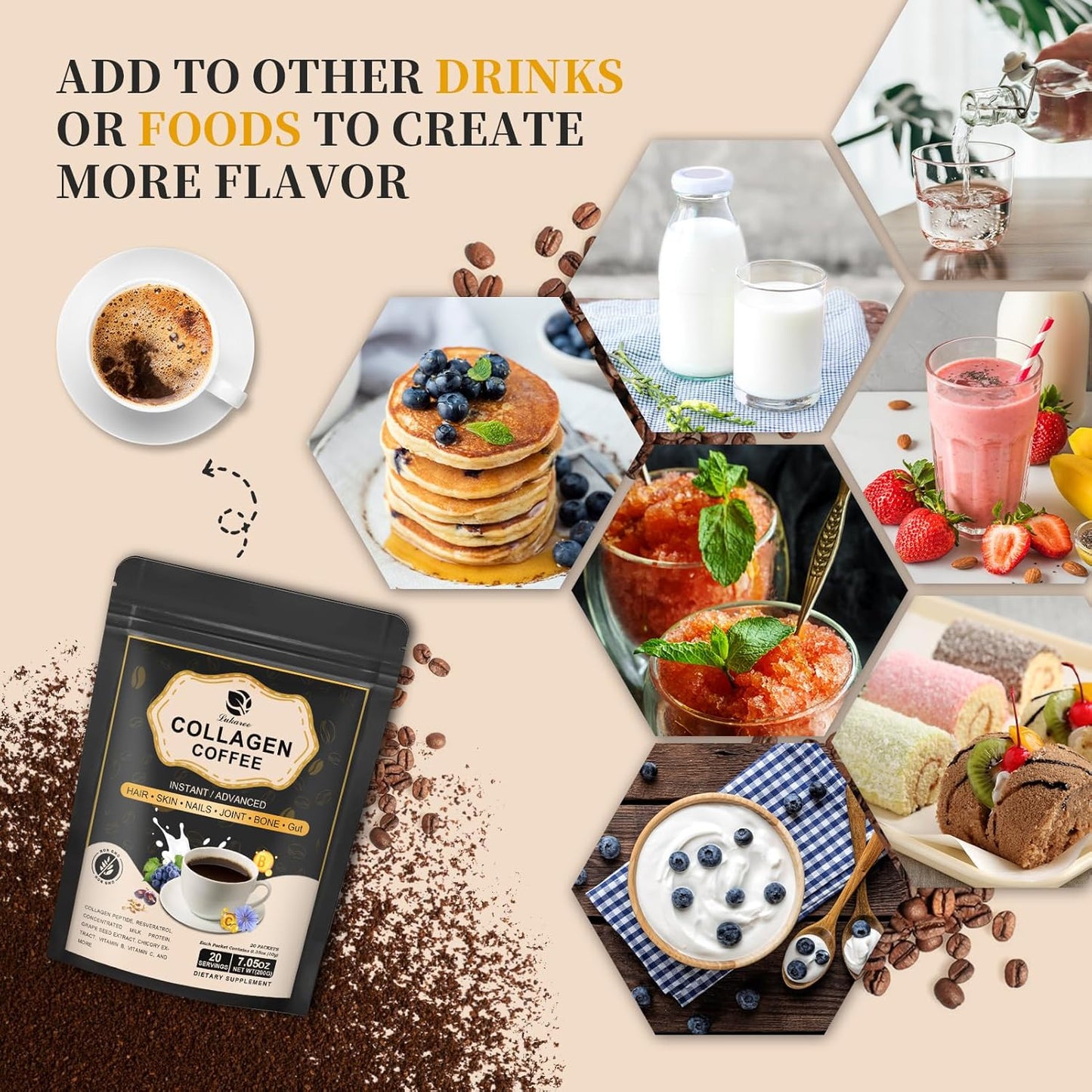 Lukaree Instant Collagen Coffee with Vitamin C, B7, B9, Resveratrol, Carnosine - Collagen Peptide Powder for Hair, Skin, Nails, and Bones