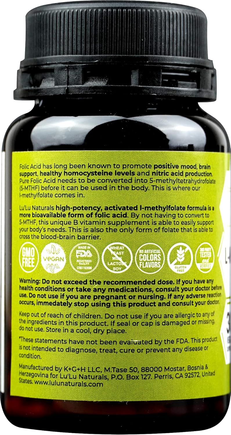 Lu'Lu Naturals L Methylfolate 15mg Capsules - High Potency Methyl Folate Supplement for Folic Acid Support