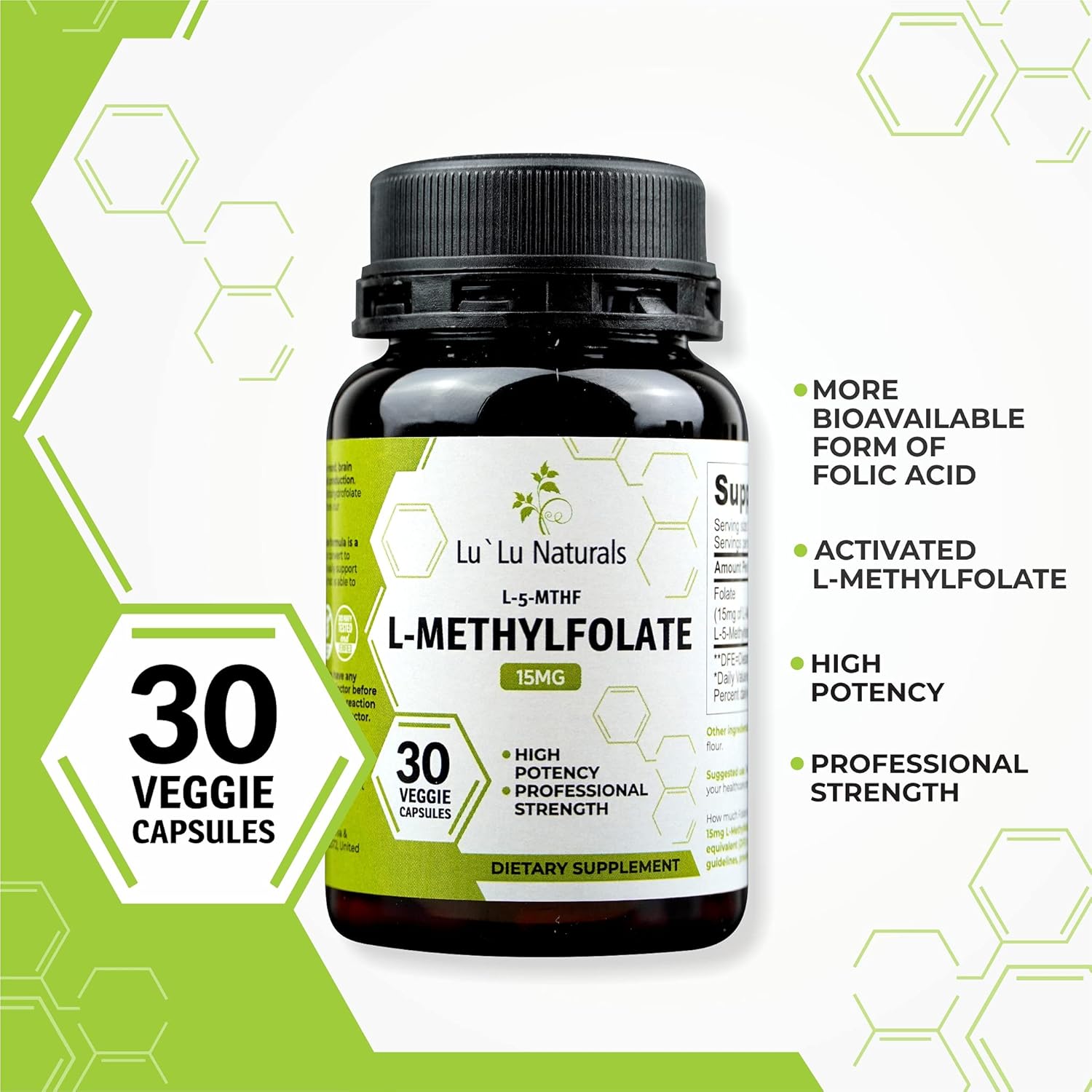 Lu'Lu Naturals L Methylfolate 15mg Capsules - High Potency Methyl Folate Supplement for Folic Acid Support