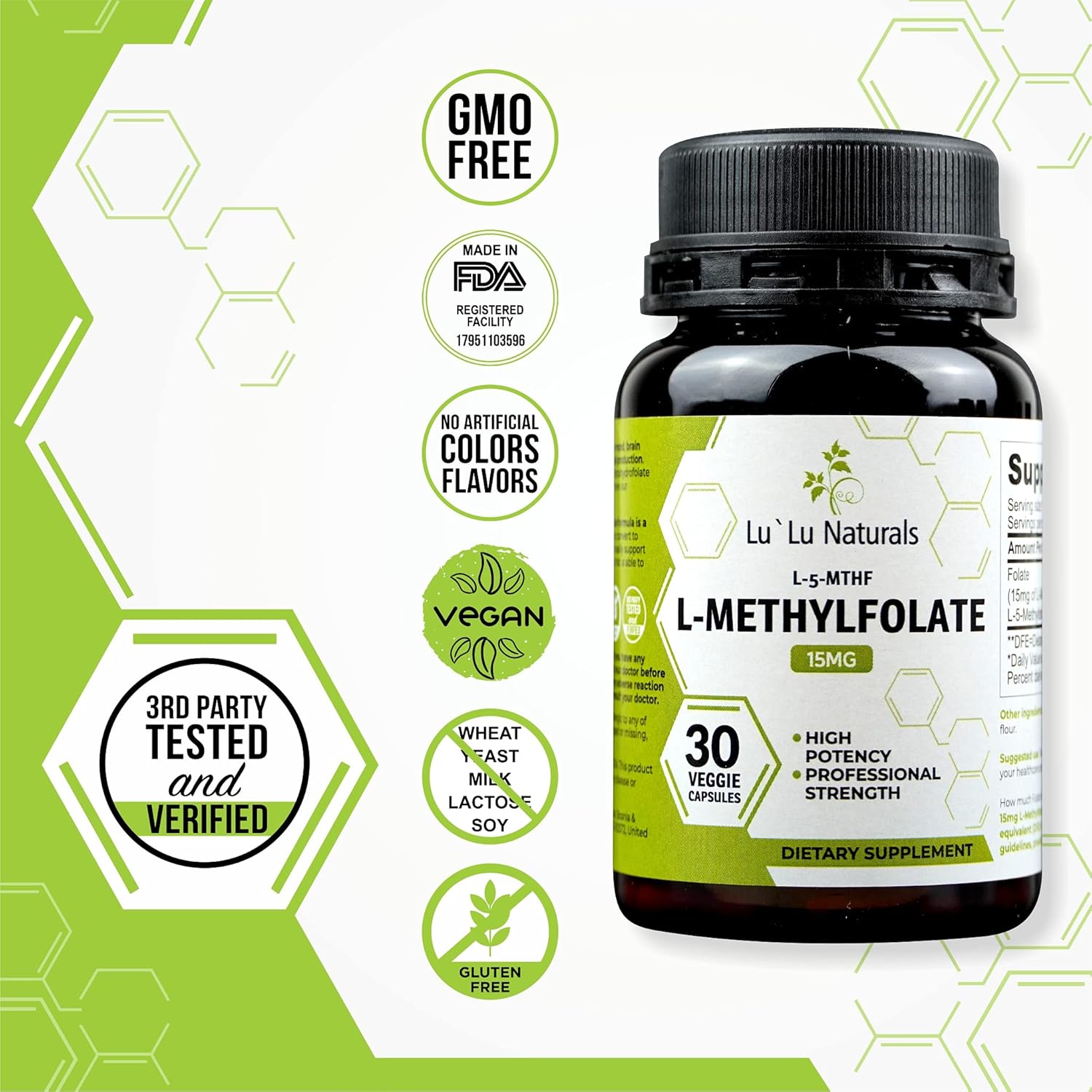 Lu'Lu Naturals L Methylfolate 15mg Capsules - High Potency Methyl Folate Supplement for Folic Acid Support