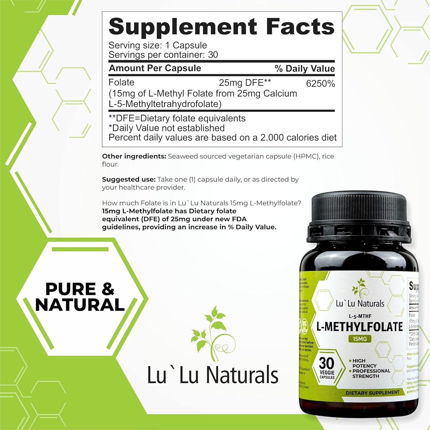 Lu'Lu Naturals L Methylfolate 15mg Capsules - High Potency Methyl Folate Supplement for Folic Acid Support