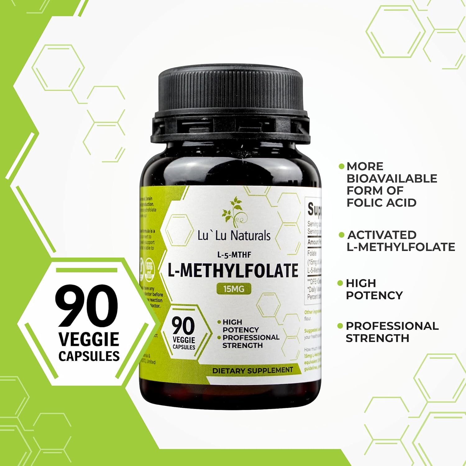 Lu'Lu Naturals L-Methylfolate 15mg Optimized and Activated Folic Acid. 90 Veggie Caps Methyl Folate, L-5-mthf