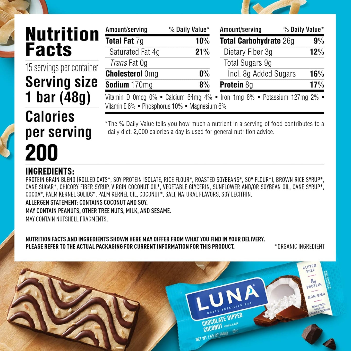 LUNA BAR Chocolate Dipped Coconut Flavor - 15 Count Gluten-Free Snack Bars with 8g Protein - Non-GMO Plant-Based On-the-Go Snacking
