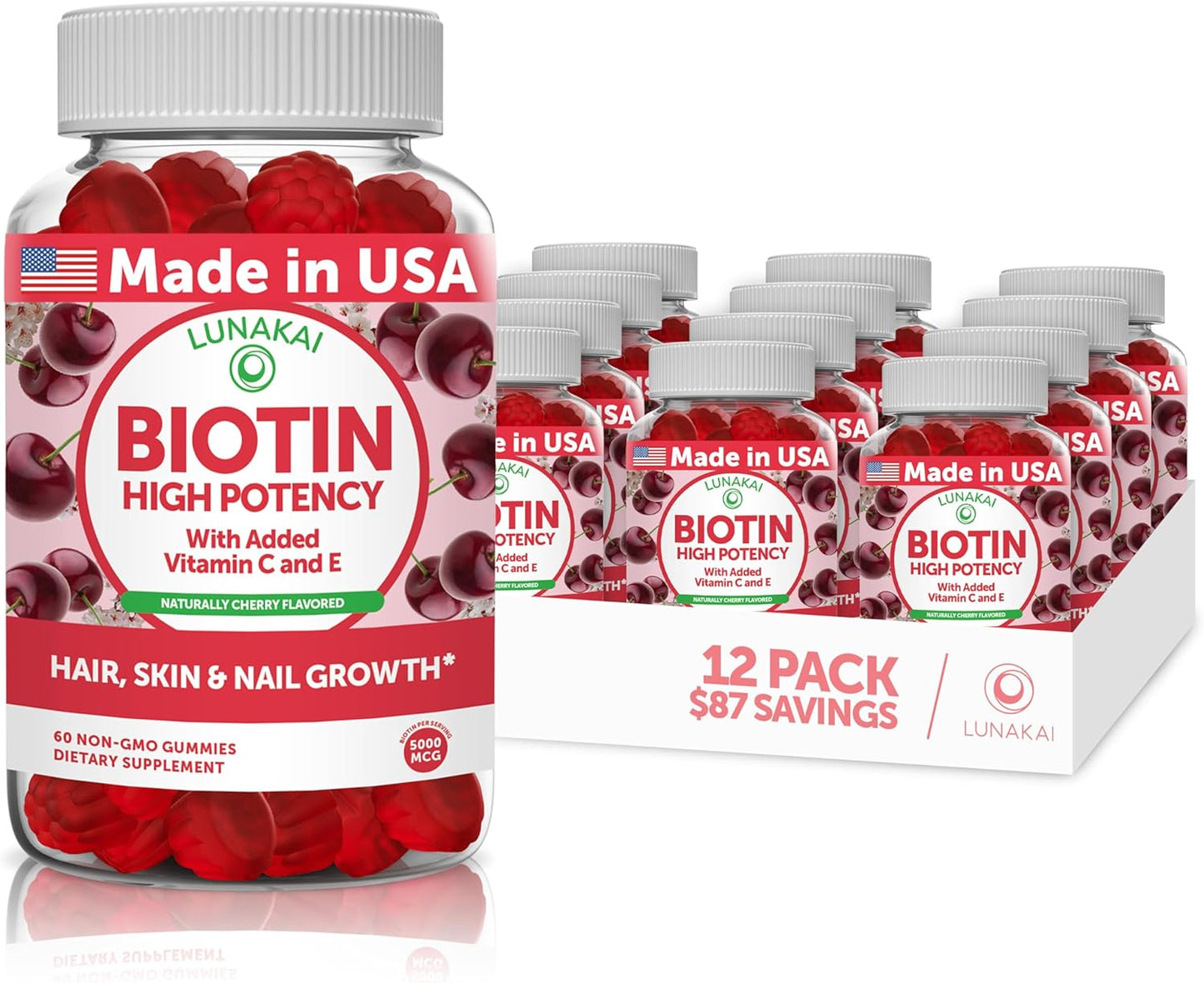 Lunakai Biotin Gummies: Tasty 5000mcg Hair Skin & Nails Vitamins for Women - Vegan 12 Pack with Vitamin C & E Formula