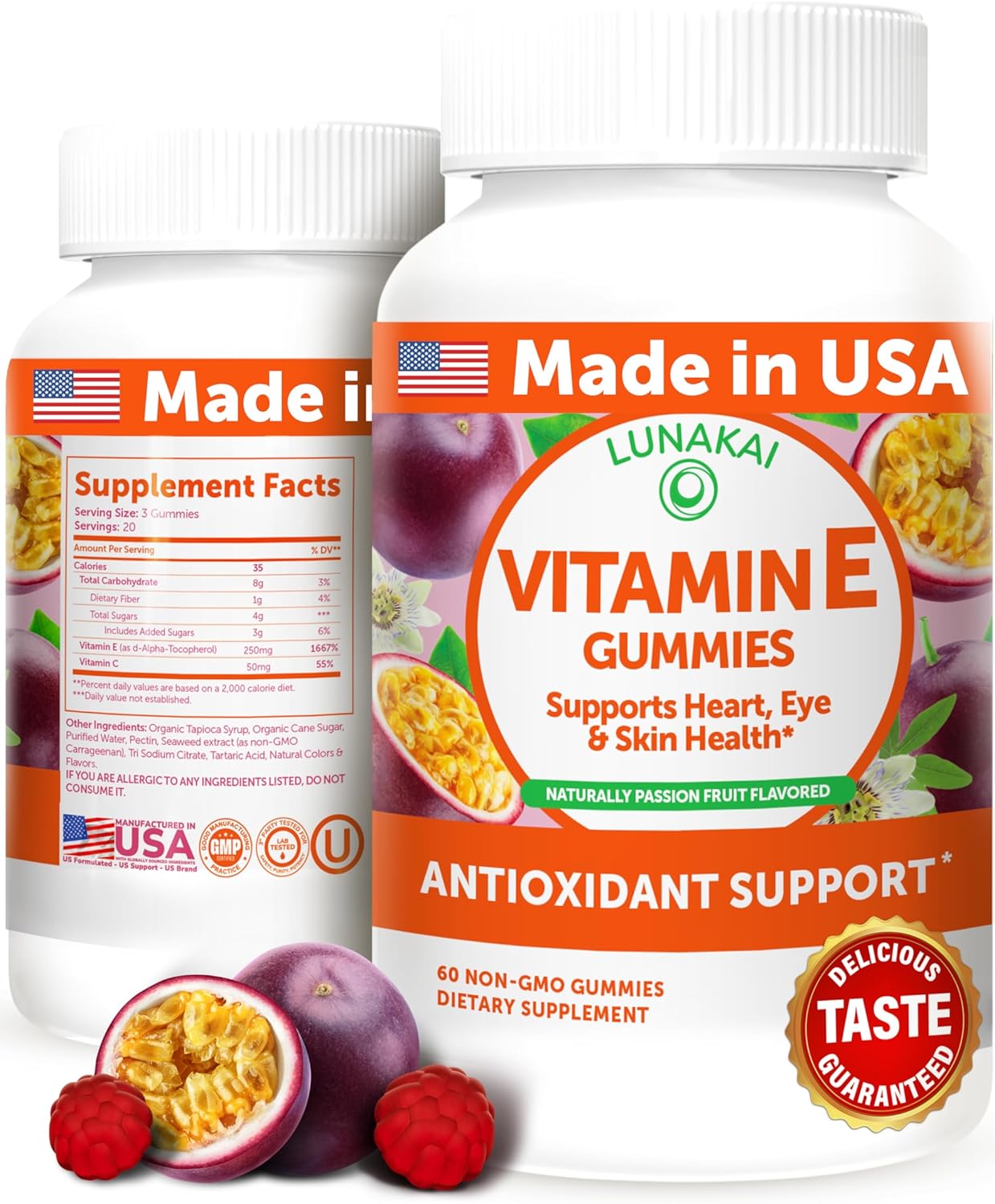 Lunakai Vitamin E Gummies 400IU with Vitamin C - Vegan & Non-GMO Daily Skin & Eye Support - Made in USA - 60ct