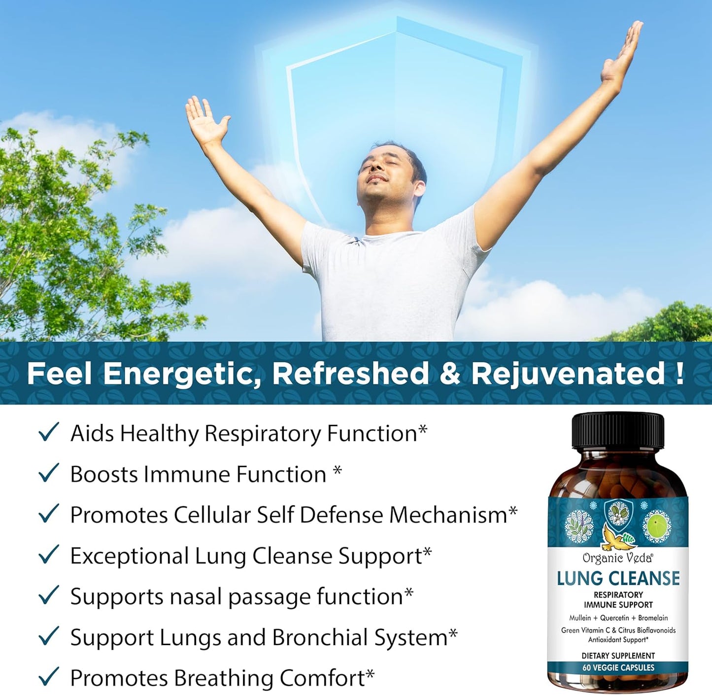 Lung Cleanse Capsules with Organic Mullein Leaf Extract, Vitamin C, Turmeric - Respiratory Health Supplement for Clear Bronchial Support - 60 Pills