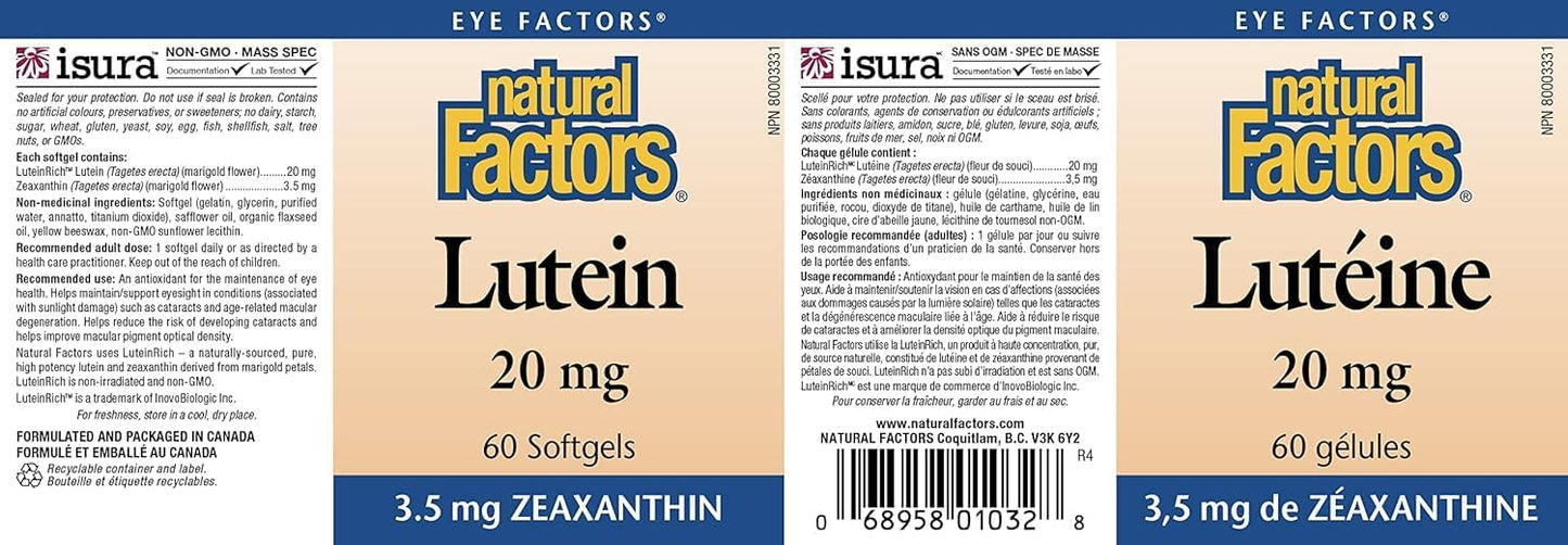 Lutein 20mg Soft Gels - Natural Antioxidant for Eye Health, 60 Count