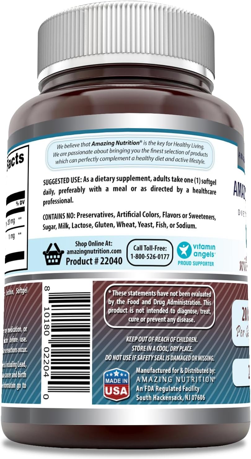 Lutein 20mg with Zeaxanthin 800mcg Softgels Supplement | Non-GMO | Gluten Free | Made in USA (240 Count) by Amazing Nutrition Amazing Formulas