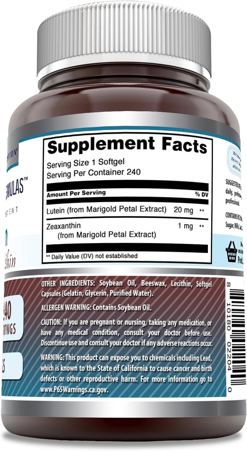 Lutein 20mg with Zeaxanthin 800mcg Softgels Supplement | Non-GMO | Gluten Free | Made in USA (240 Count) by Amazing Nutrition Amazing Formulas
