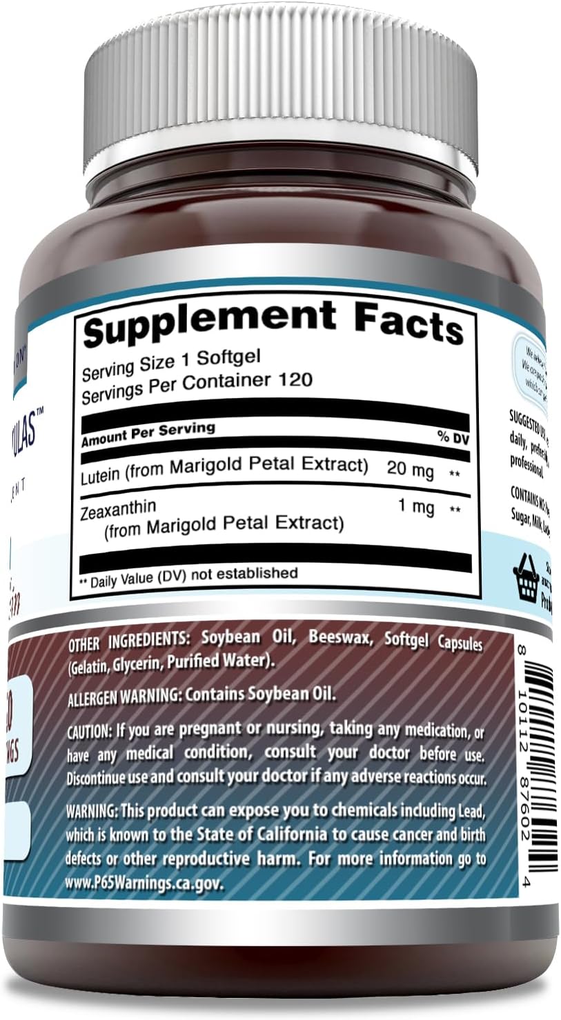 Lutein 20mg with Zeaxanthin 800mcg Softgels Supplement - Non-GMO, Gluten Free - 120 Count - Made in USA by Amazing Nutrition Amazing Formulas