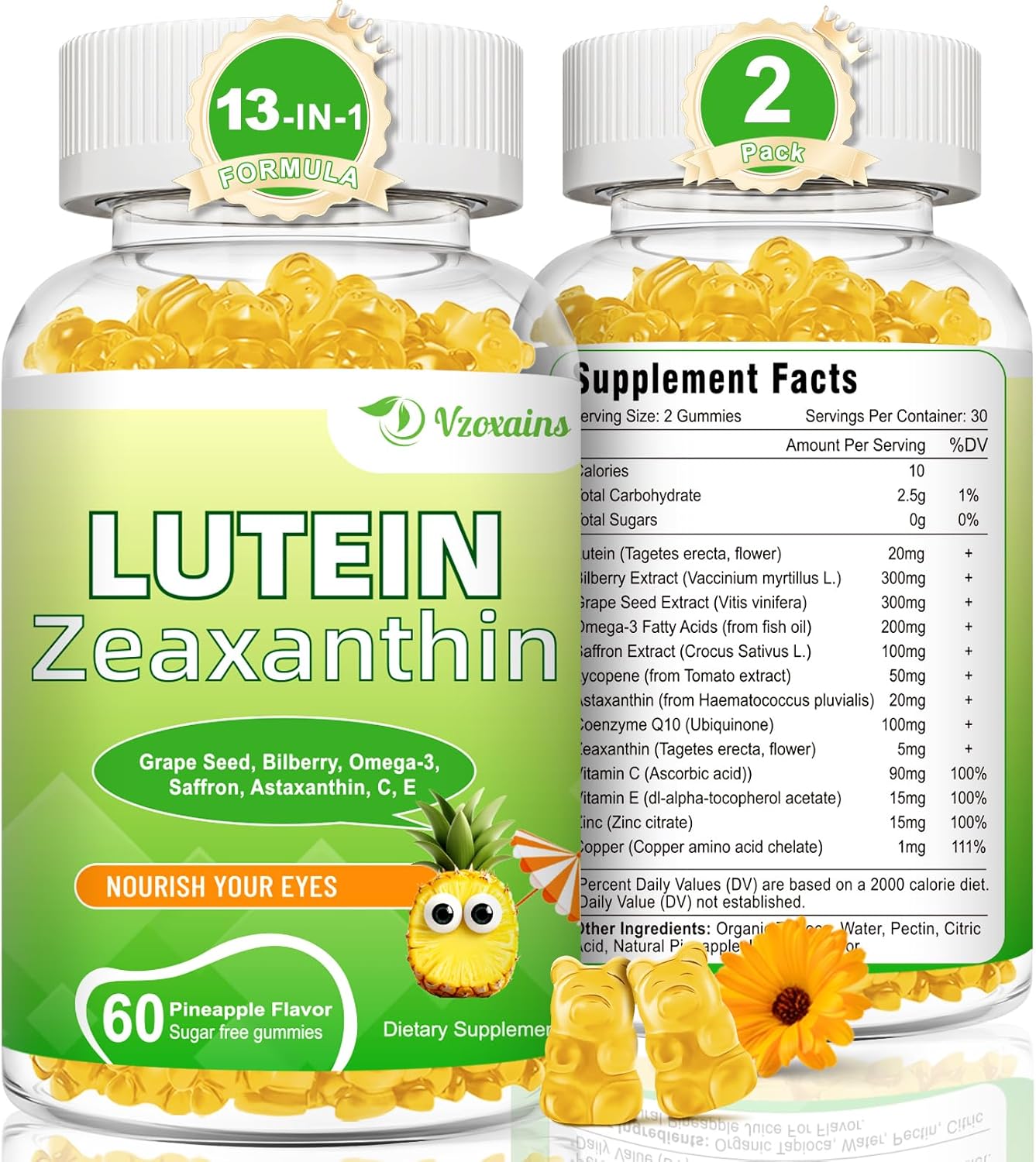 Lutein 20mg & Zeaxanthin Gummies with Eye Vitamins C, E, Bilberry - 120 Count