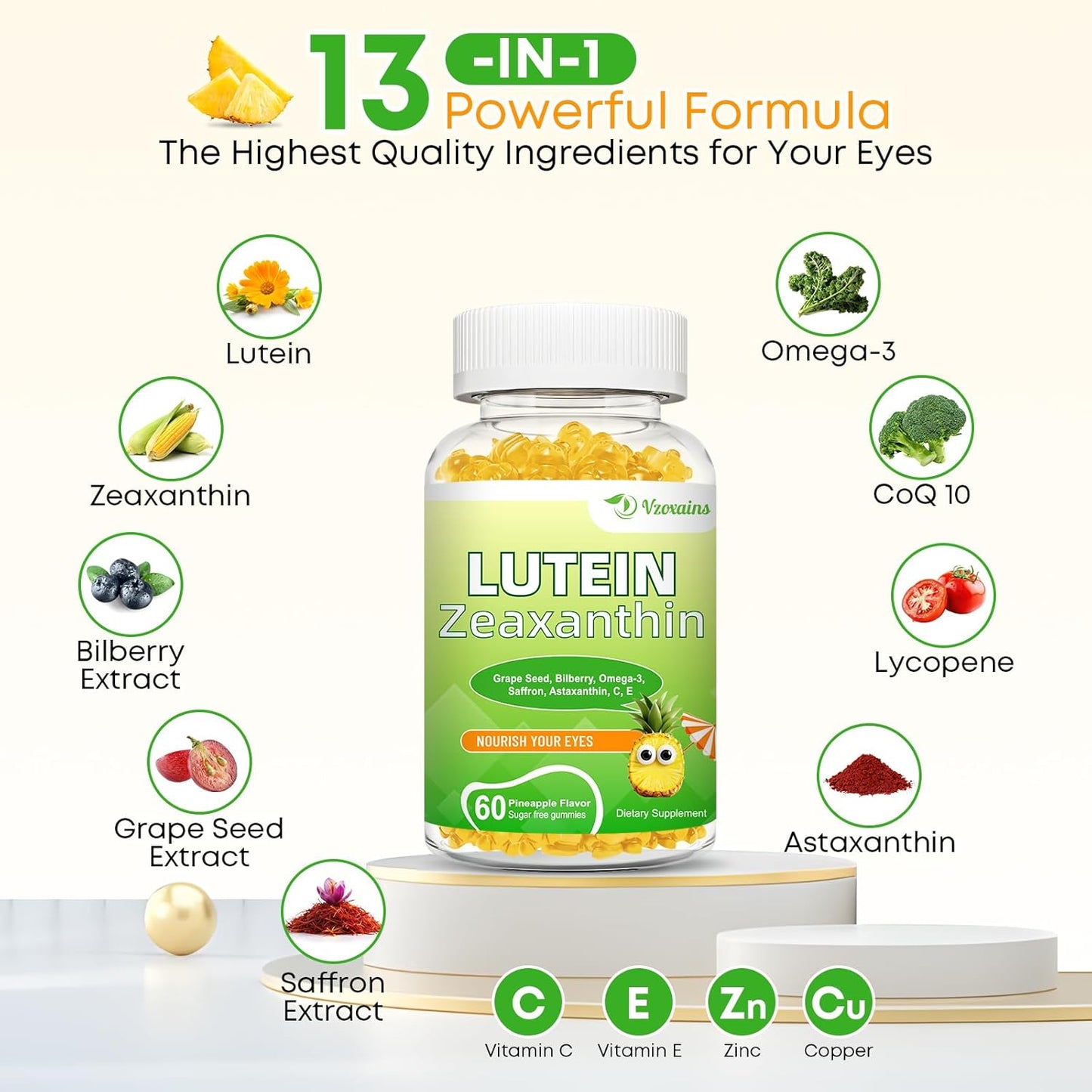Lutein 20mg & Zeaxanthin Gummies with Eye Vitamins C, E, Bilberry - 120 Count