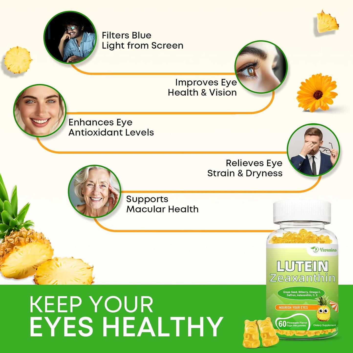 Lutein 20mg & Zeaxanthin Gummies with Eye Vitamins C, E, Bilberry - 120 Count