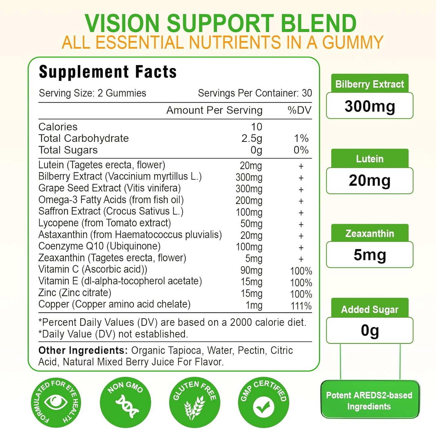 Lutein 20mg & Zeaxanthin Gummies with Eye Vitamins C, E, Bilberry - 120 Count