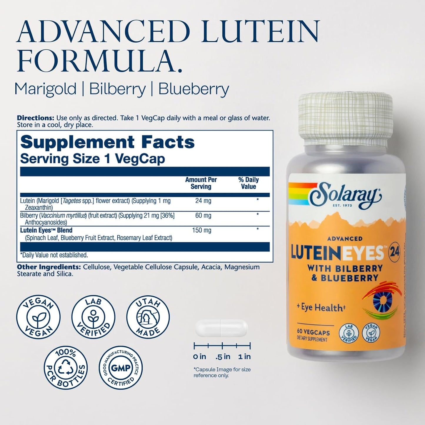 Lutein and Zeaxanthin Eye Health Supplement with Blueberry and Bilberry Extract - Vegan, Lab Verified, 60-Day Guarantee - 60 VegCaps