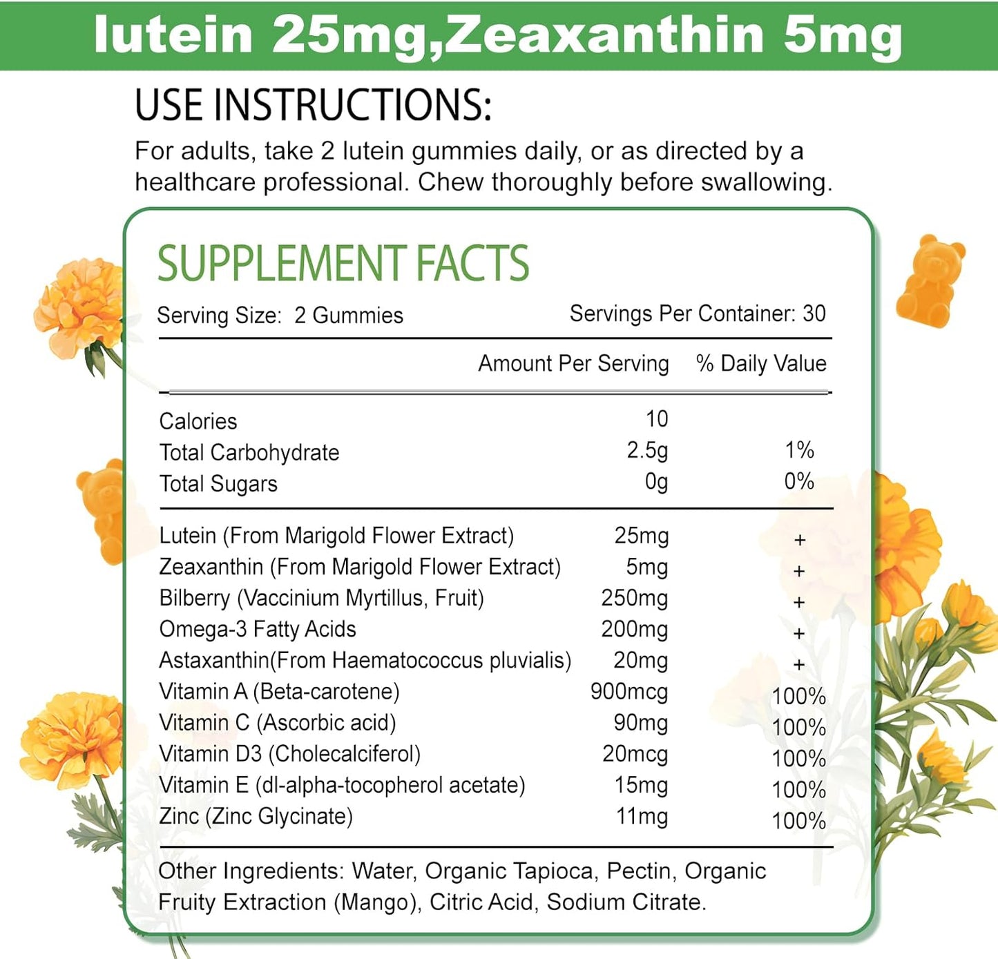 Lutein and Zeaxanthin Gummies for Adults - 10 in 1 Eye Vitamins Supplement - 2 Pack Mango Flavored Gummies for Vision and Blue Light Protection - 120 Count