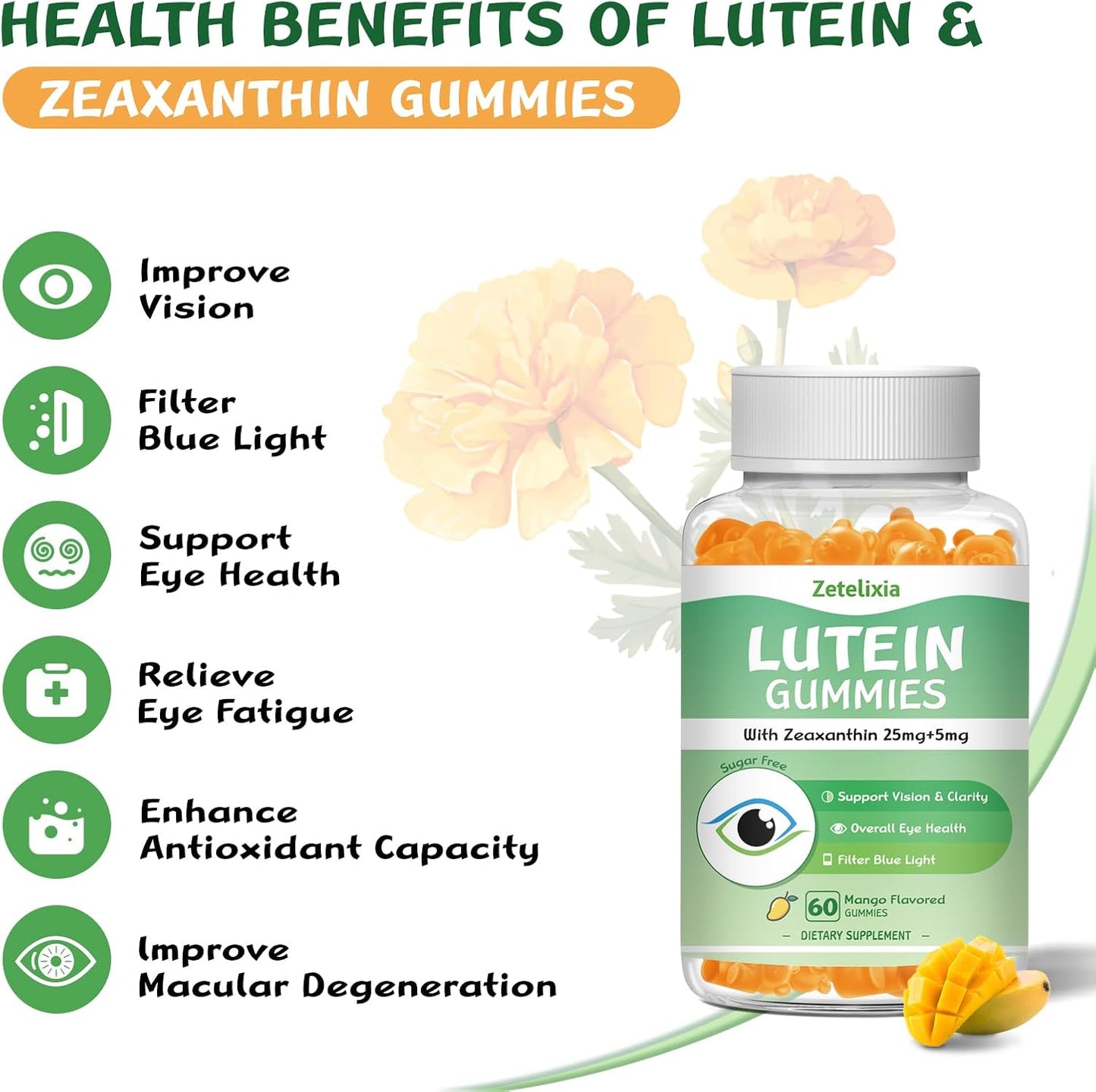 Lutein and Zeaxanthin Gummies for Adults - 10 in 1 Eye Vitamins Supplement - 2 Pack Mango Flavored Gummies for Vision and Blue Light Protection - 120 Count