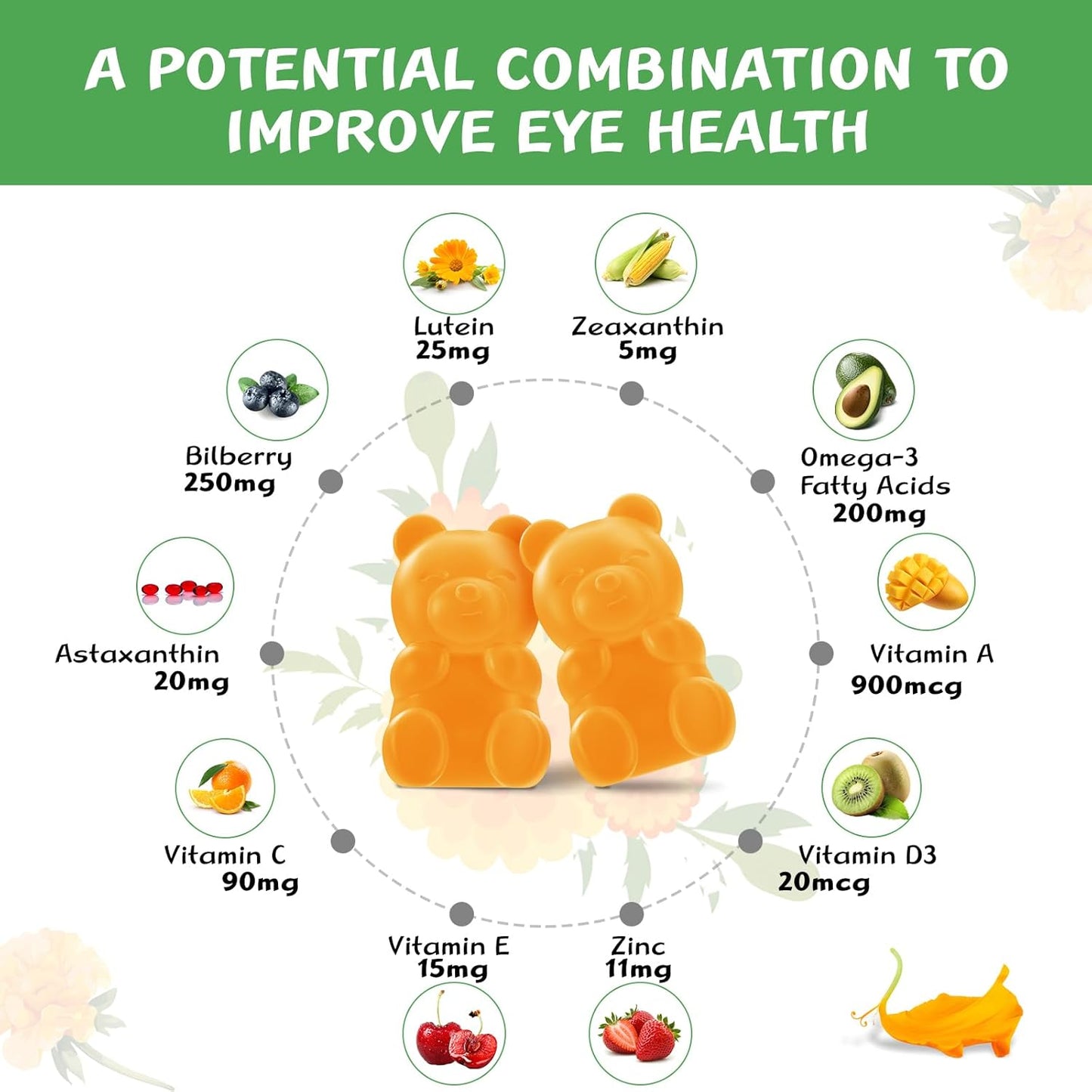 Lutein and Zeaxanthin Gummies for Adults - 10 in 1 Eye Vitamins Supplement - 2 Pack Mango Flavored Gummies for Vision and Blue Light Protection - 120 Count
