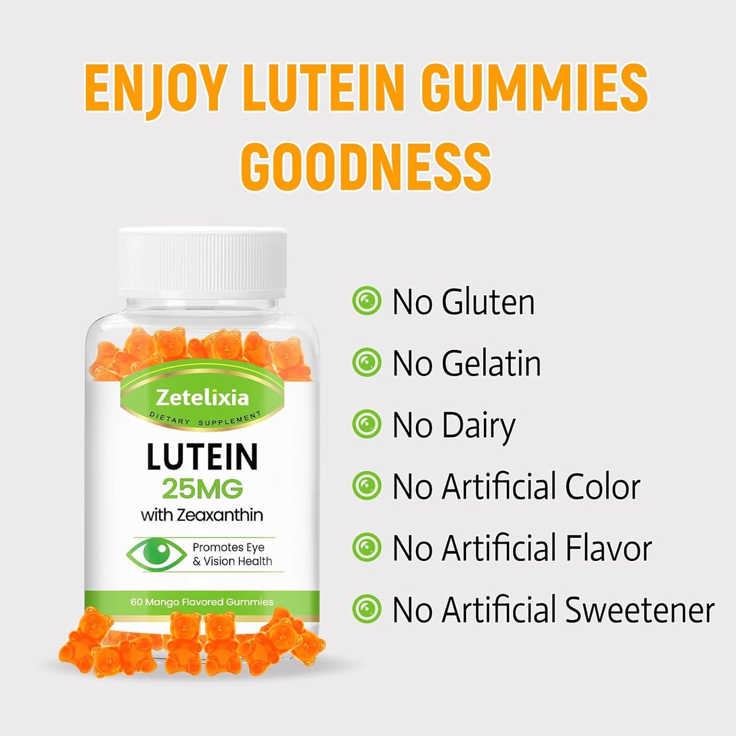 Lutein and Zeaxanthin Gummies for Adults - 25mg Eye Vitamins Supplement for Vision, Macular Health - Sugar Free Blue Light Filtering Gummy (60 Count)