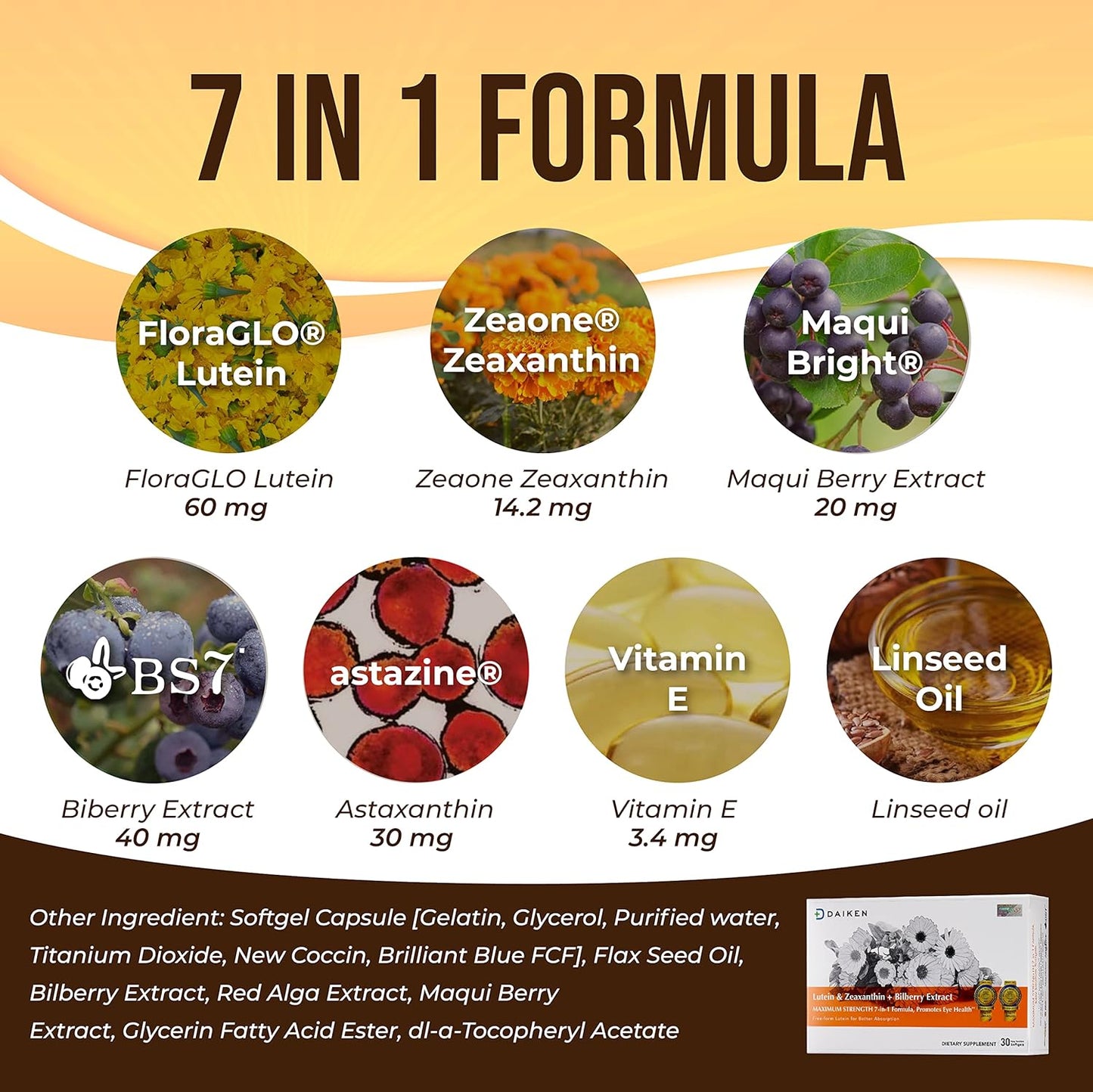 Lutein and Zeaxanthin Supplement with Astaxanthin, Maqui Berry, Bilberry, Flaxseed Oil, Vitamin E - 30 Softgels - Dry Eye Support