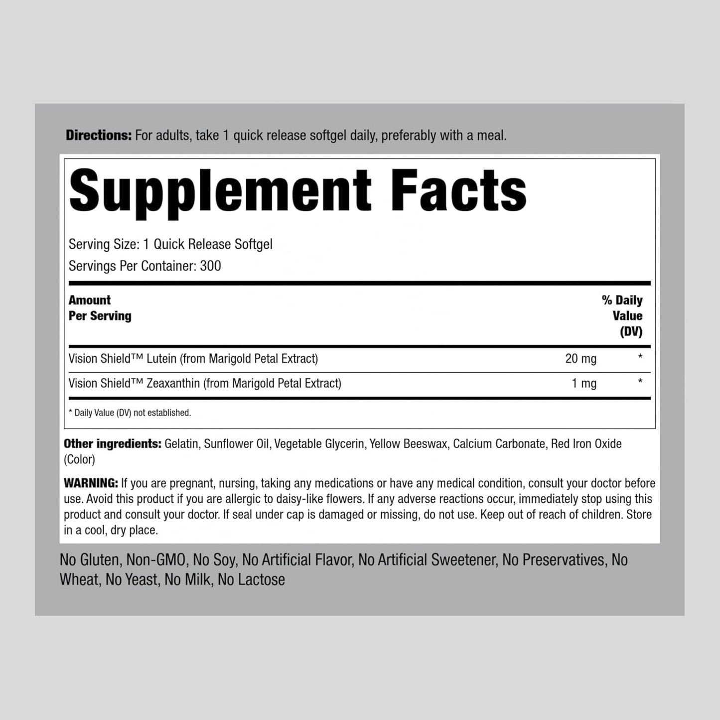 Lutein and Zeaxanthin Supplements 20mg - 300 Softgels for Eye Health - Gluten Free, Non-GMO - Piping Rock