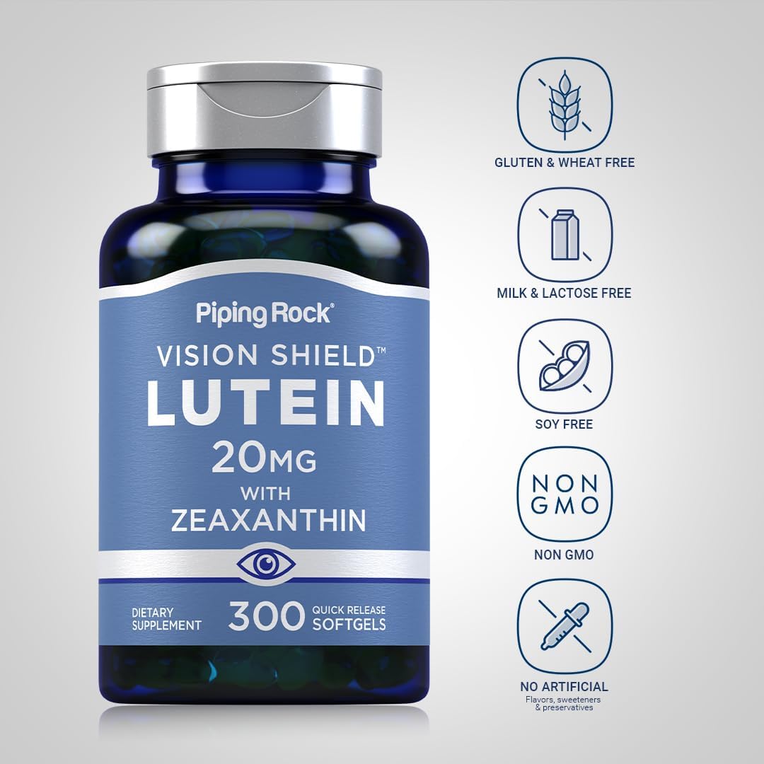 Lutein and Zeaxanthin Supplements 20mg - 300 Softgels for Eye Health - Gluten Free, Non-GMO - Piping Rock