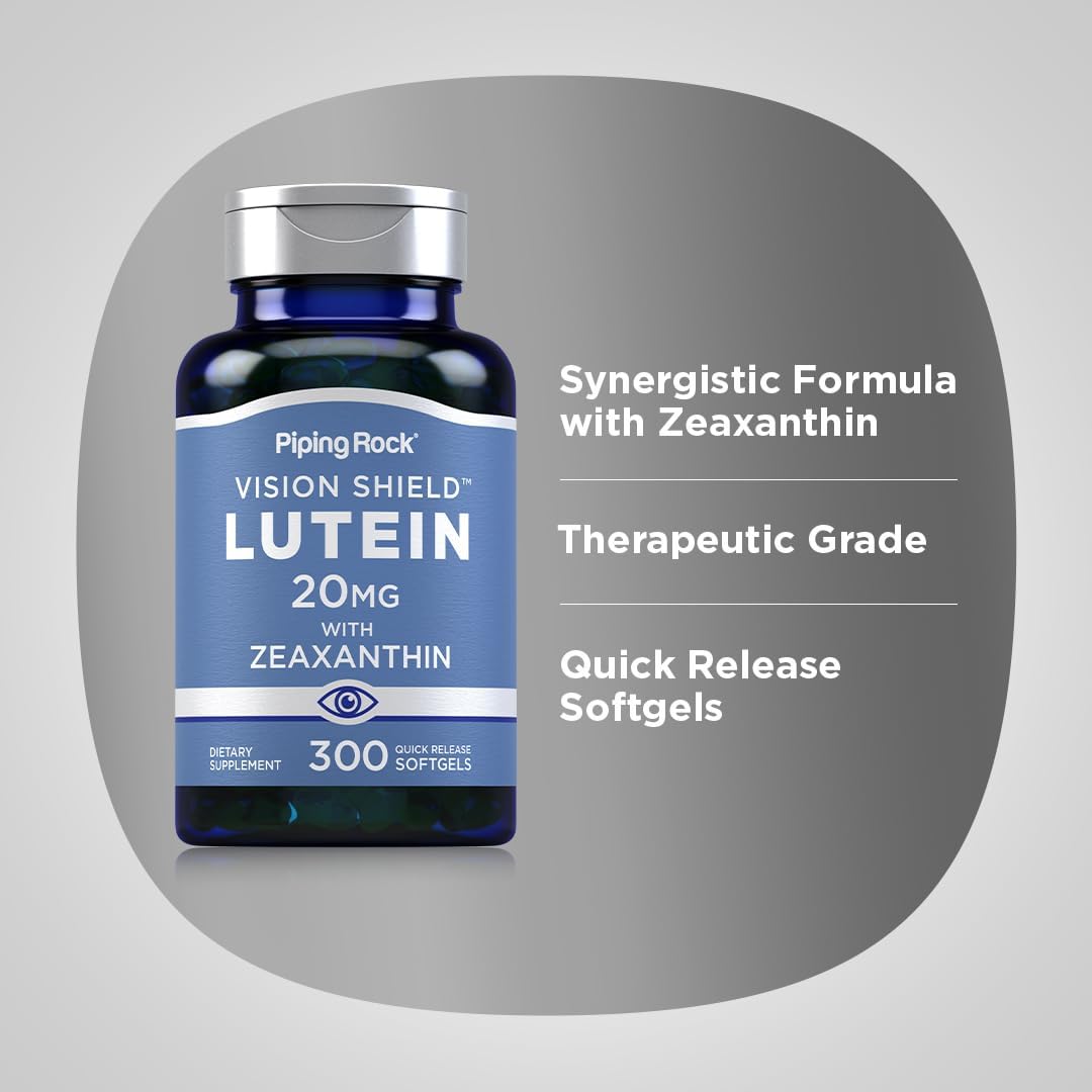 Lutein and Zeaxanthin Supplements 20mg - 300 Softgels for Eye Health - Gluten Free, Non-GMO - Piping Rock