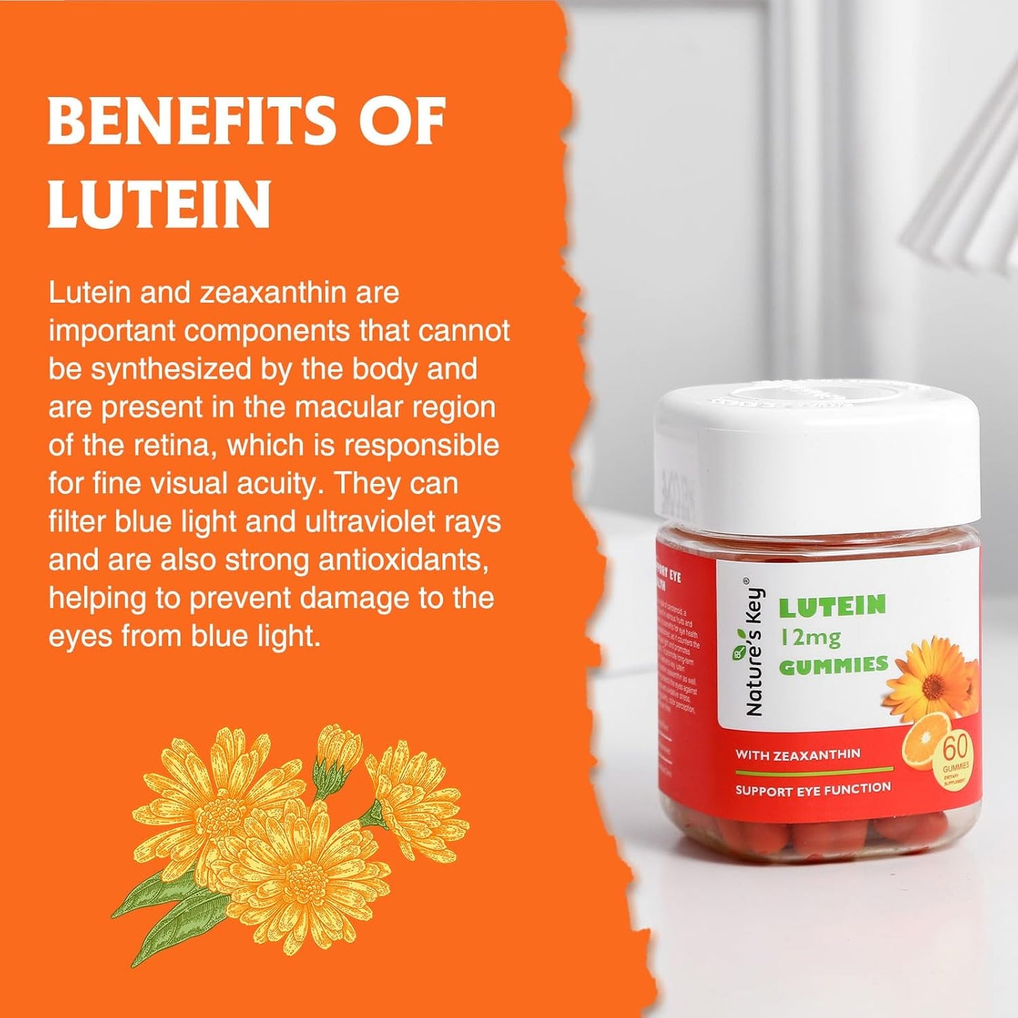 Lutein Gummies 12mg with Zeaxanthin & Vitamin A for Eye Health and Brain Function - Orange Flavor, 60Ct for Kids and Adults