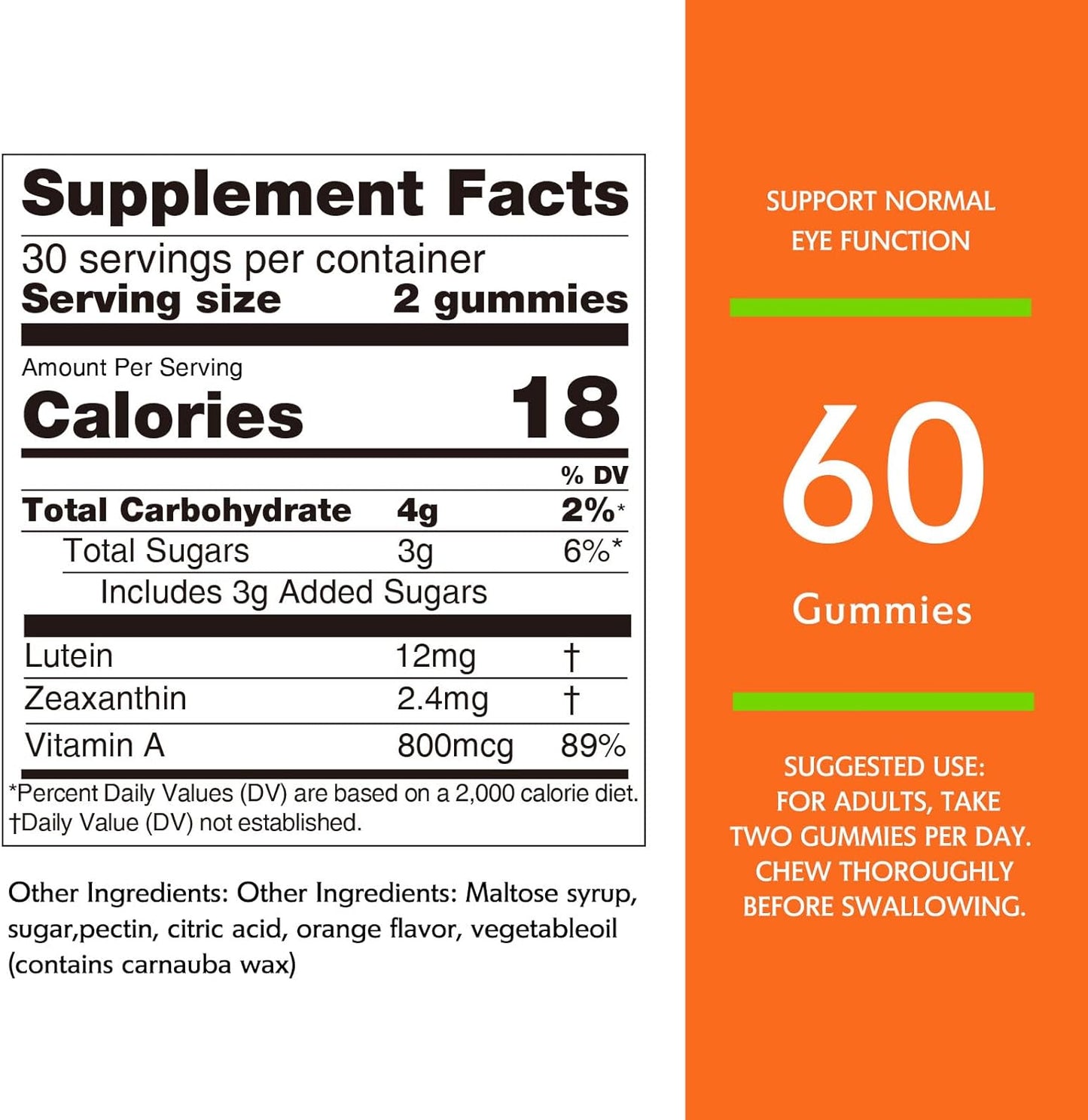 Lutein Gummies 12mg with Zeaxanthin & Vitamin A for Eye Health and Brain Function - Orange Flavor, 60Ct for Kids and Adults